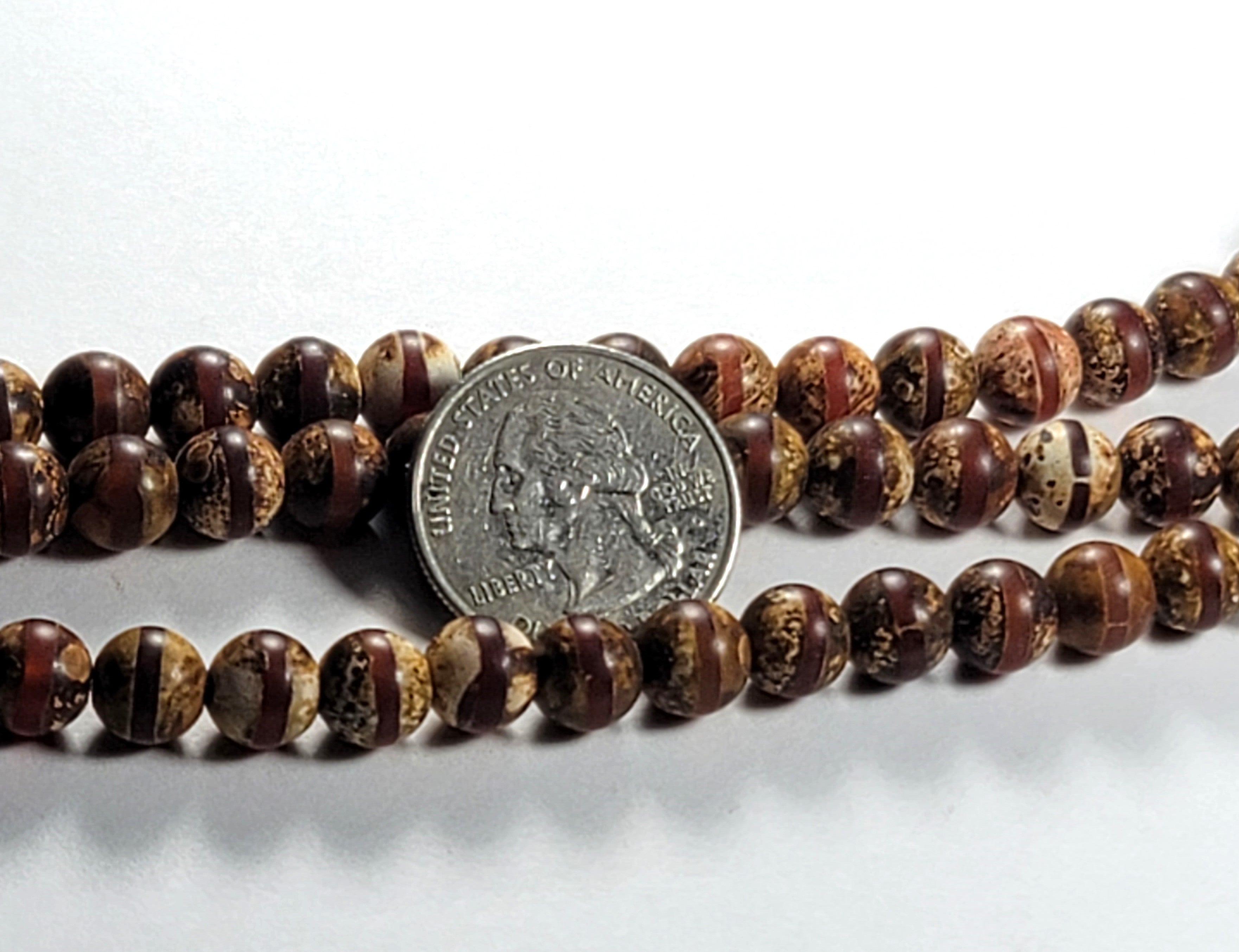 8mm Dark Brown Line Dzi Tibetan Agate Round Gemstone Beads 8-Inch Strand