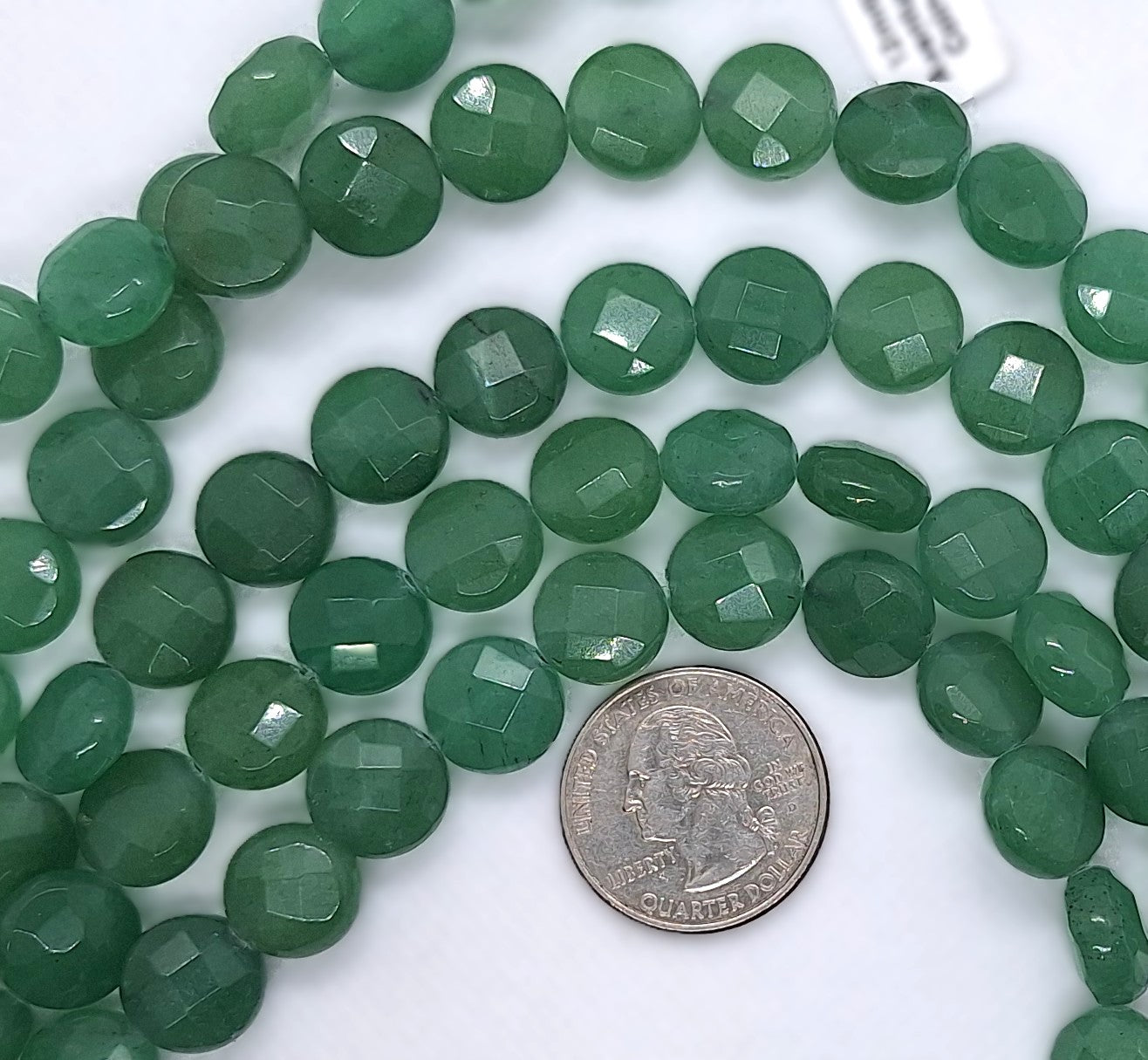 12mm Green Aventurine Faceted Coin Gemstone Beads 8-Inch Strand