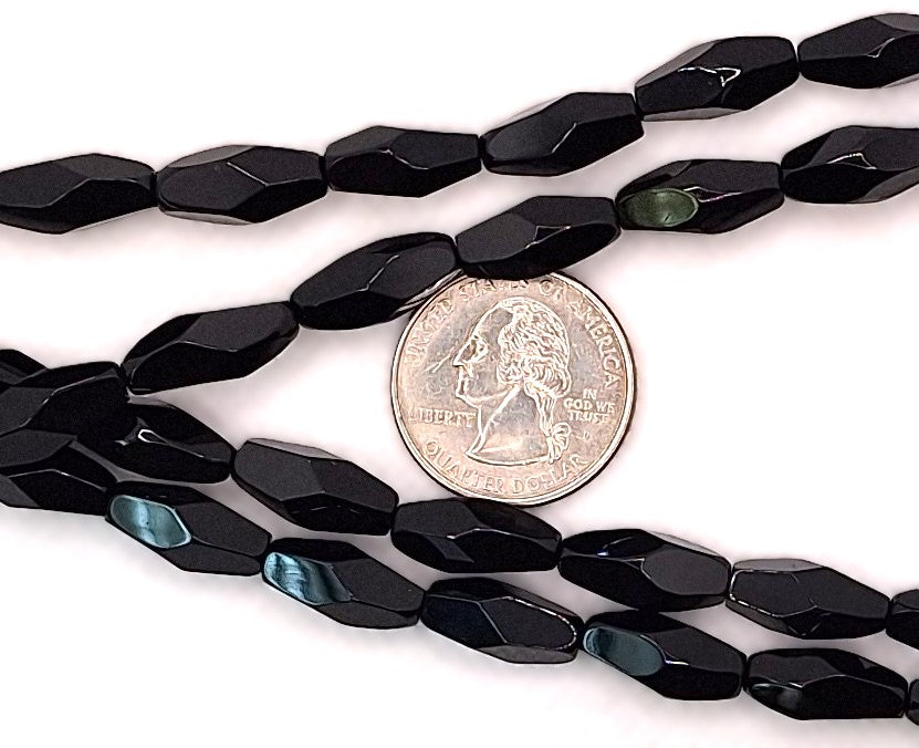 16x8mm Black Onyx Double Prism Bicone Gemstone Beads 8-Inch Strand