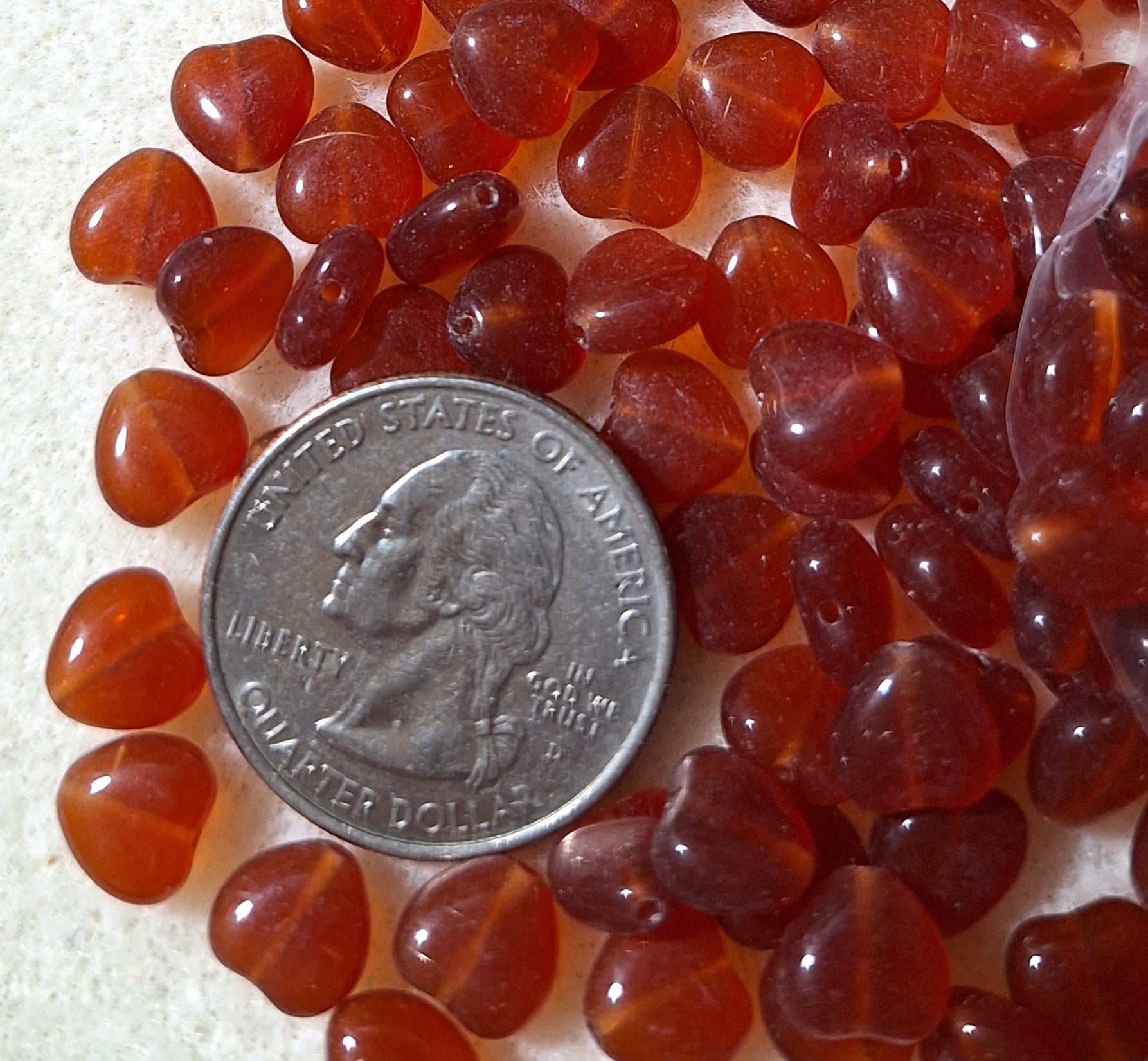 8mm Carnelian Orange Red Heart Pressed Czech Glass Beads 30ct