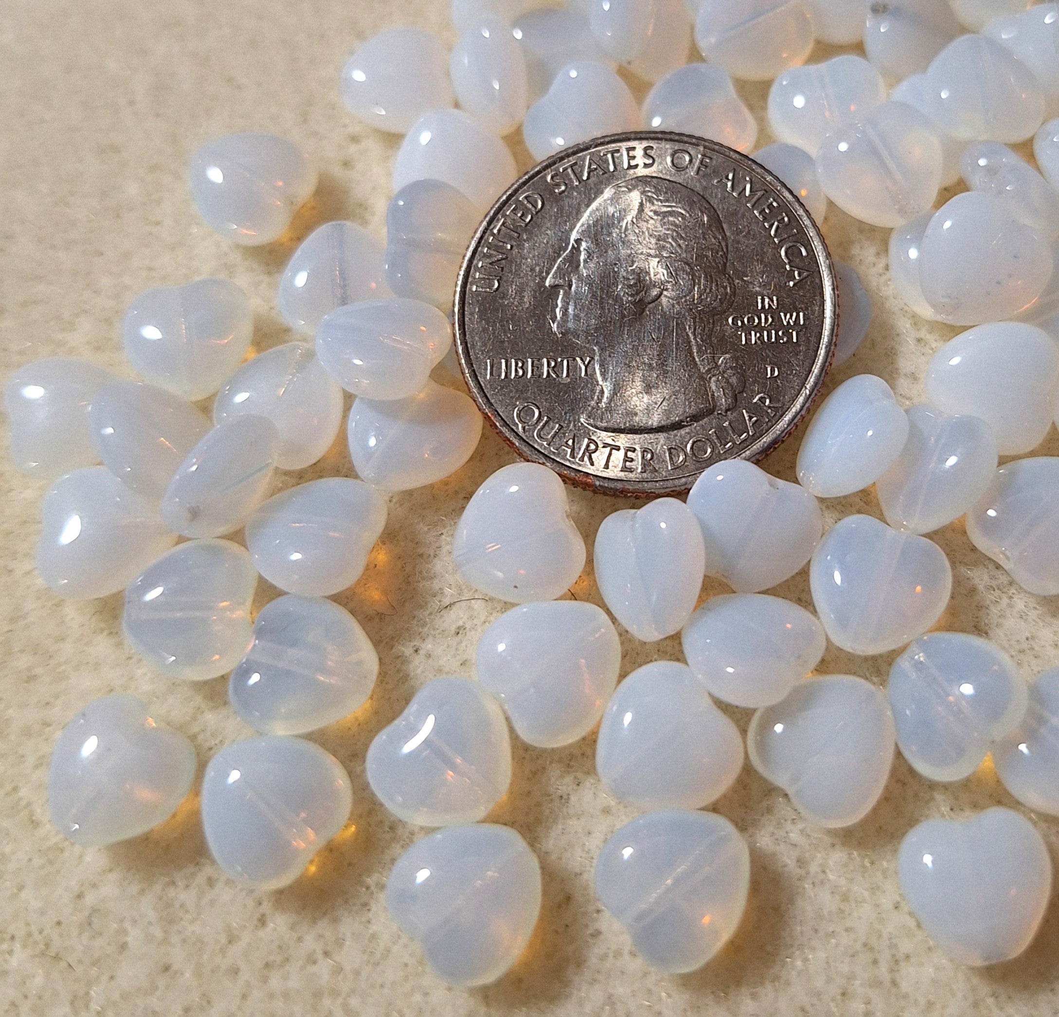 8mm White Opal Heart Pressed Czech Glass Beads 30ct