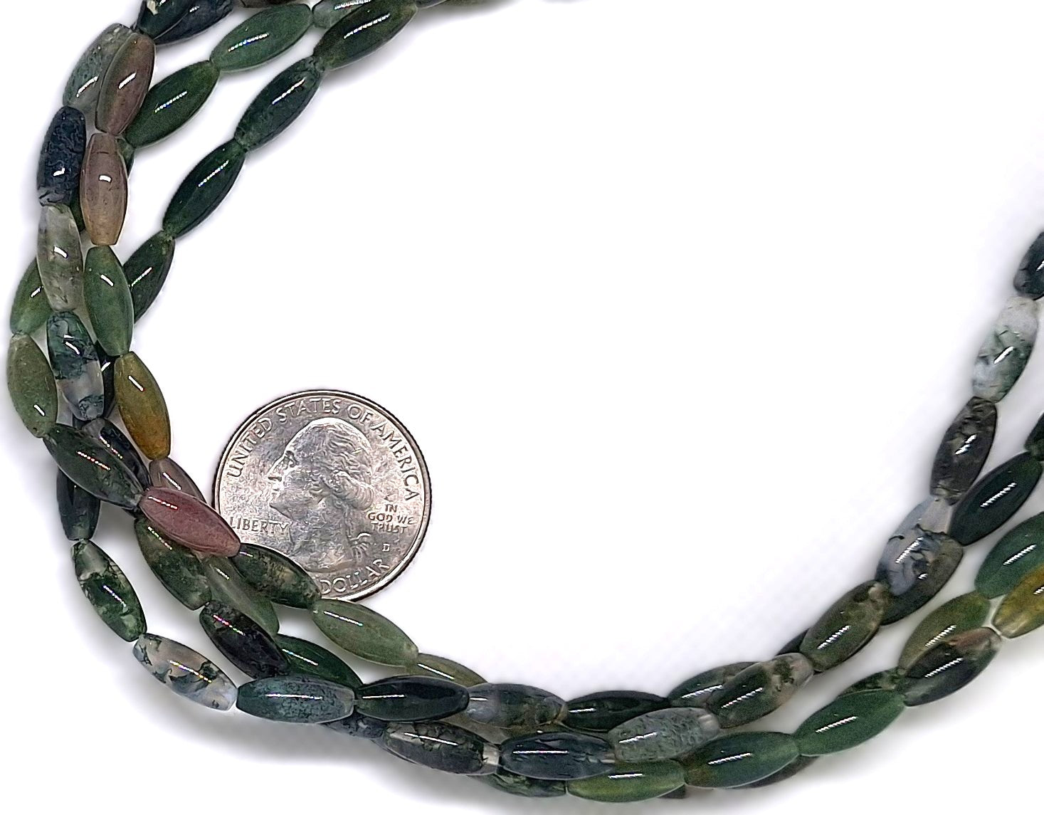 12x5mm Moss Agate Rice Gemstone Beads 16-inch Strand