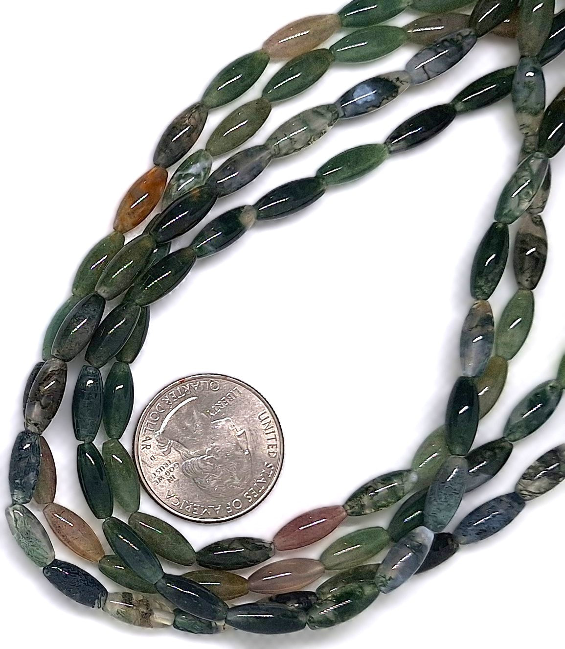 12x5mm Moss Agate Rice Gemstone Beads 16-inch Strand