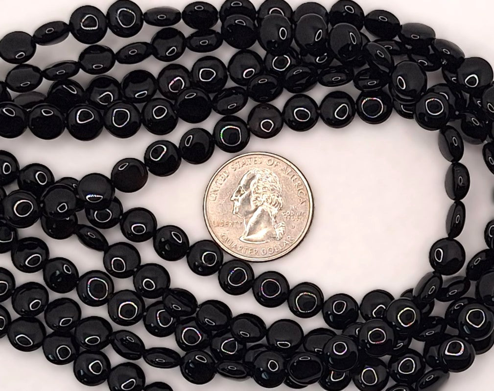8mm Black Onyx Puff Coin Gemstone Beads 16-inch Strand