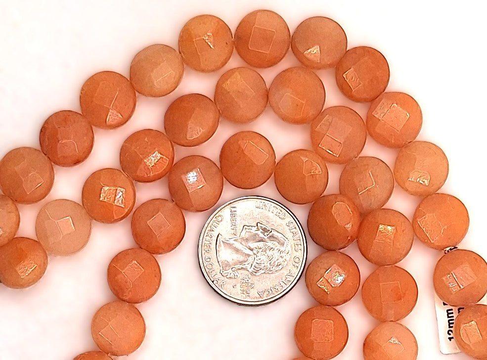 12mm Peach Red Aventurine Faceted Coin Gemstone Beads 8-Inch Strand