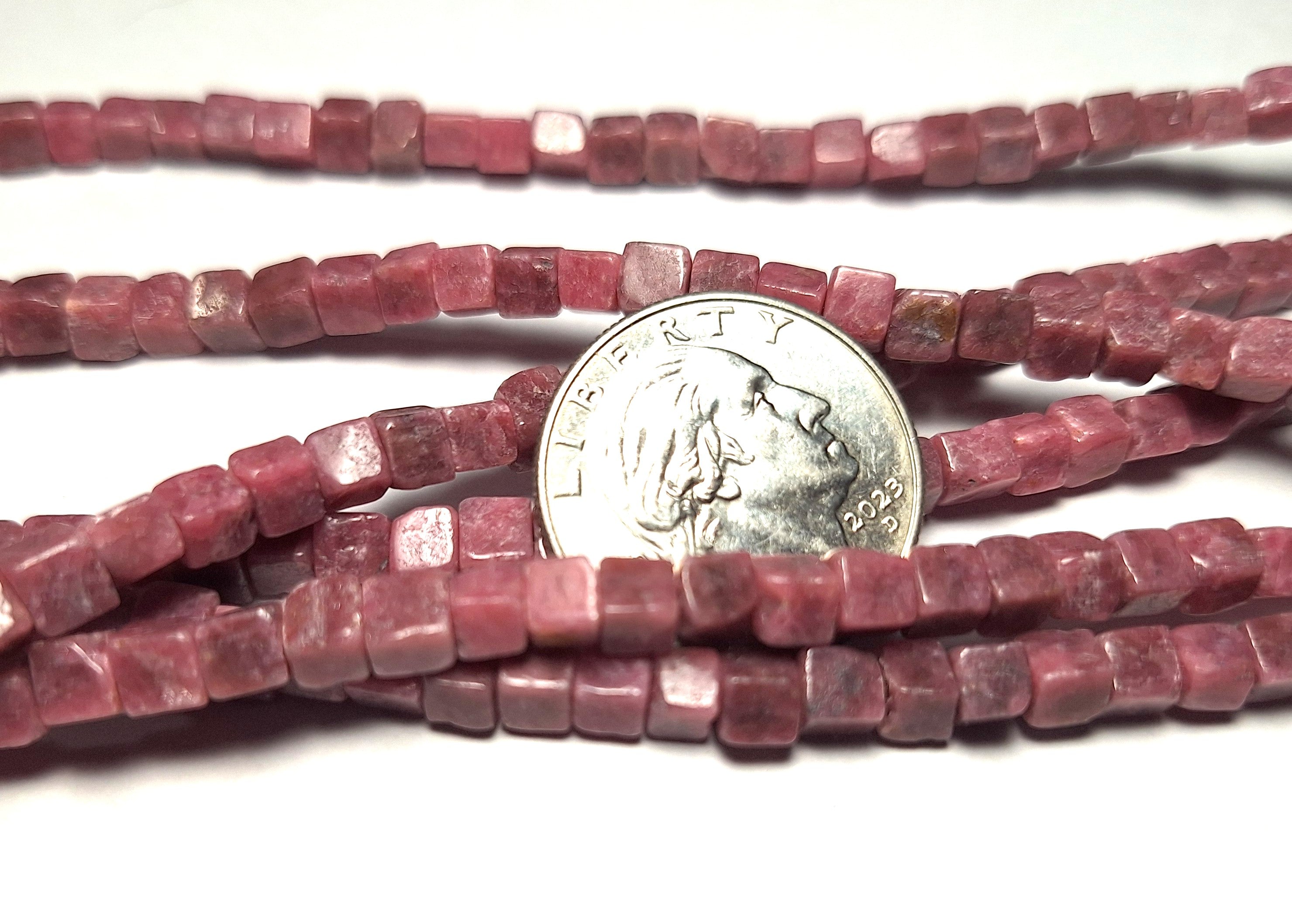 4mm Pink Rhodonite Cube Gemstone Beads 16-Inch Strand