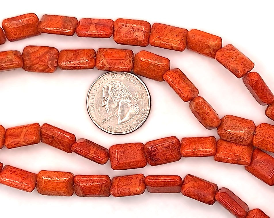 14x10mm Sponge Coral Red Dyed Faceted Rectangle Beads 8-Inch Strand