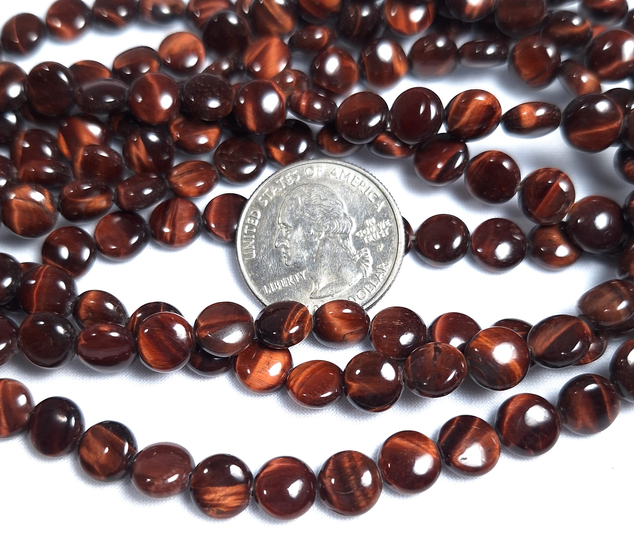 8mm Red Tiger's Eye Puff Coin Gemstone Beads 16-Inch Strand