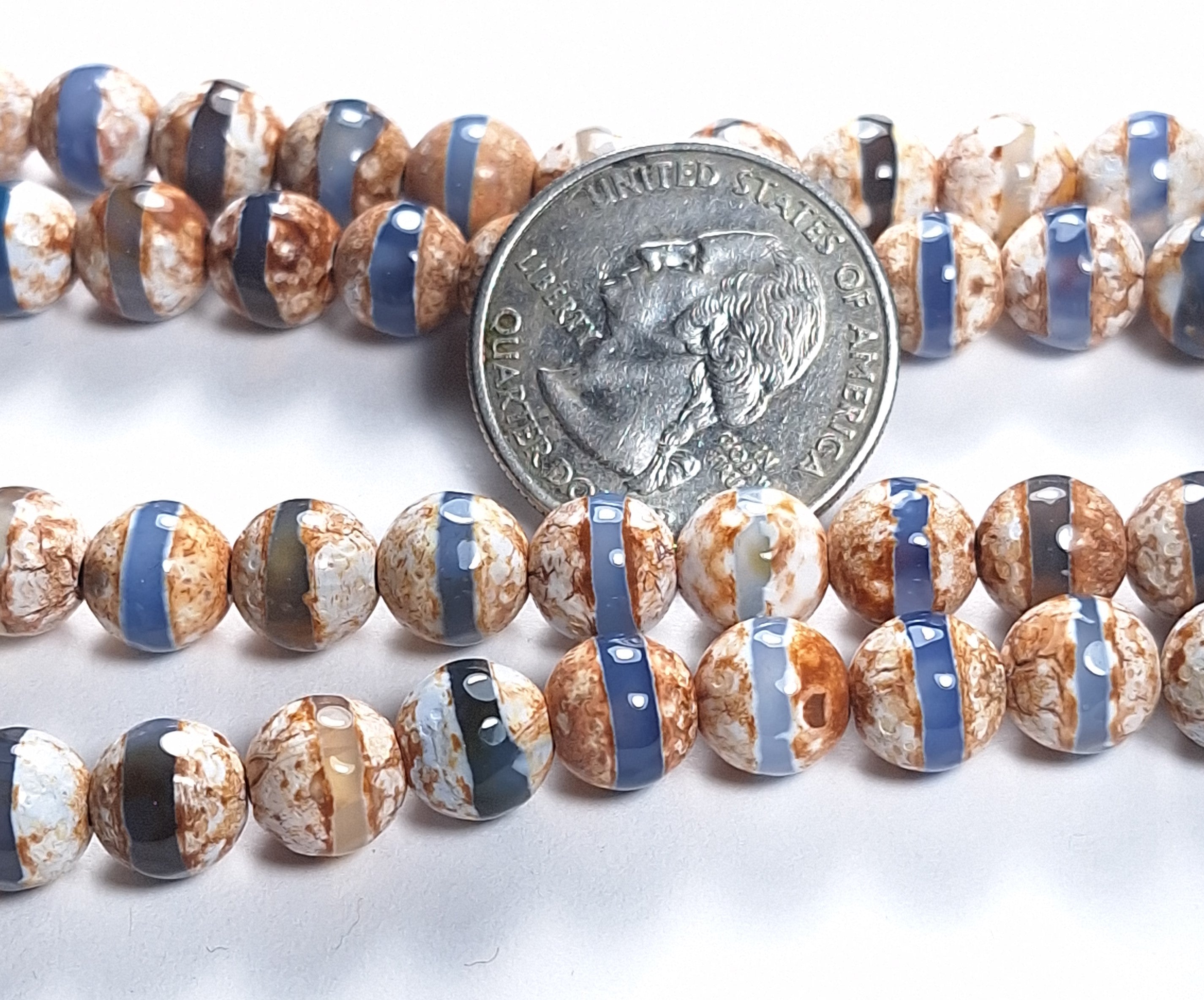 8mm Blue Line White Dzi Tibetan Agate Faceted Round Gemstone Beads 8-Inch Strand