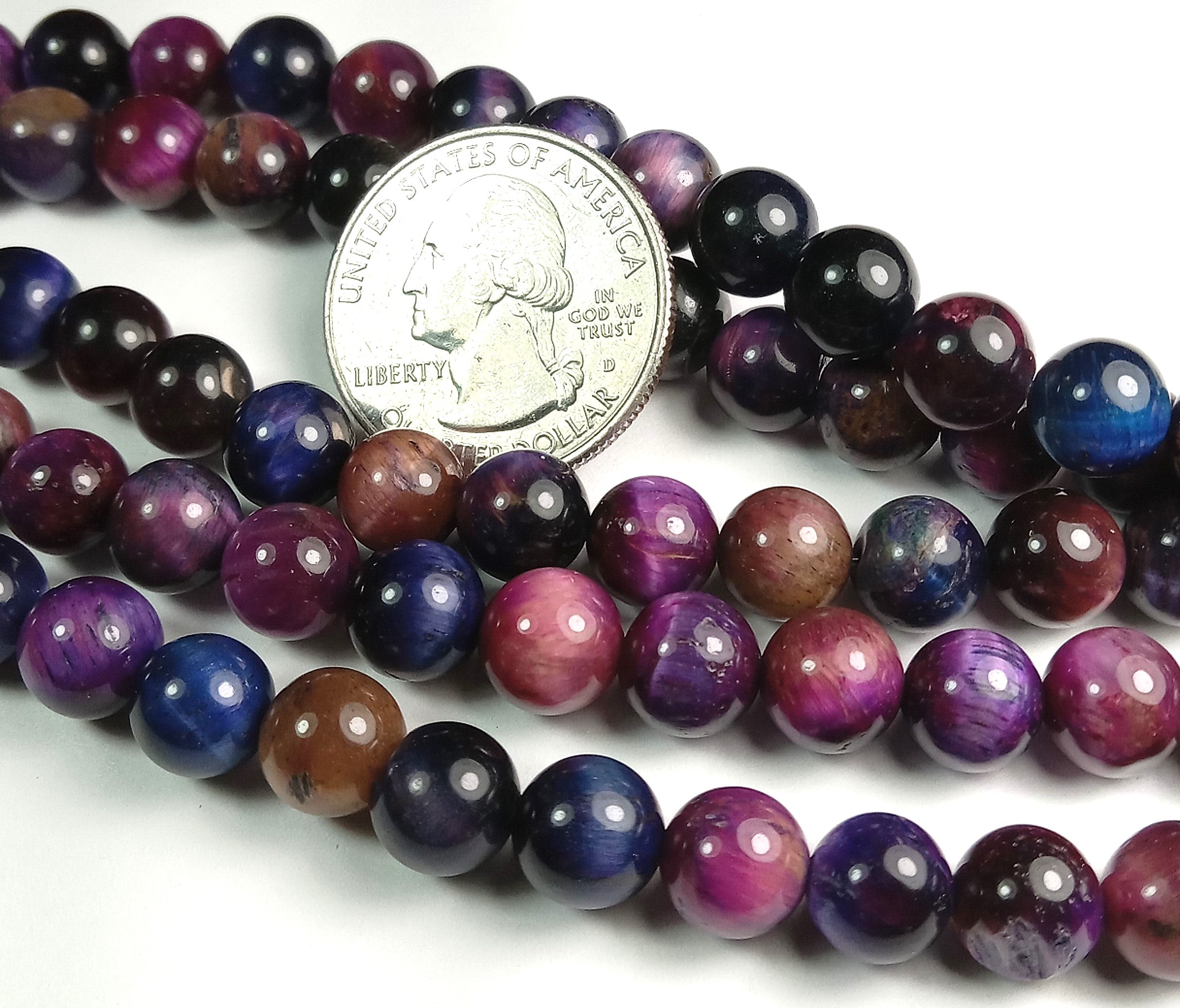 8mm Rainbow Tiger's Eye Purple Blue Round Gemstone Beads 8-Inch Strand