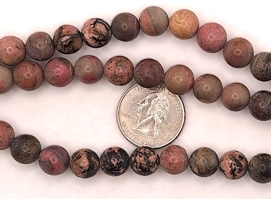 10mm Black Vein Rhodonite Matte Round Gemstone Beads 8-Inch Strand