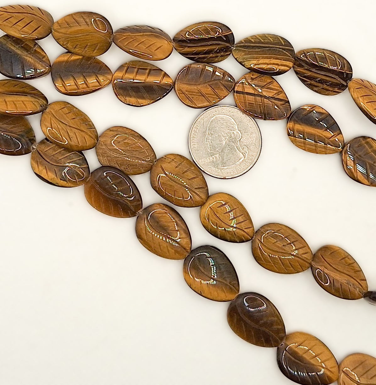 20x15mm Tiger's Eye Carved Leaf Gemstone Beads 8-inch Strand
