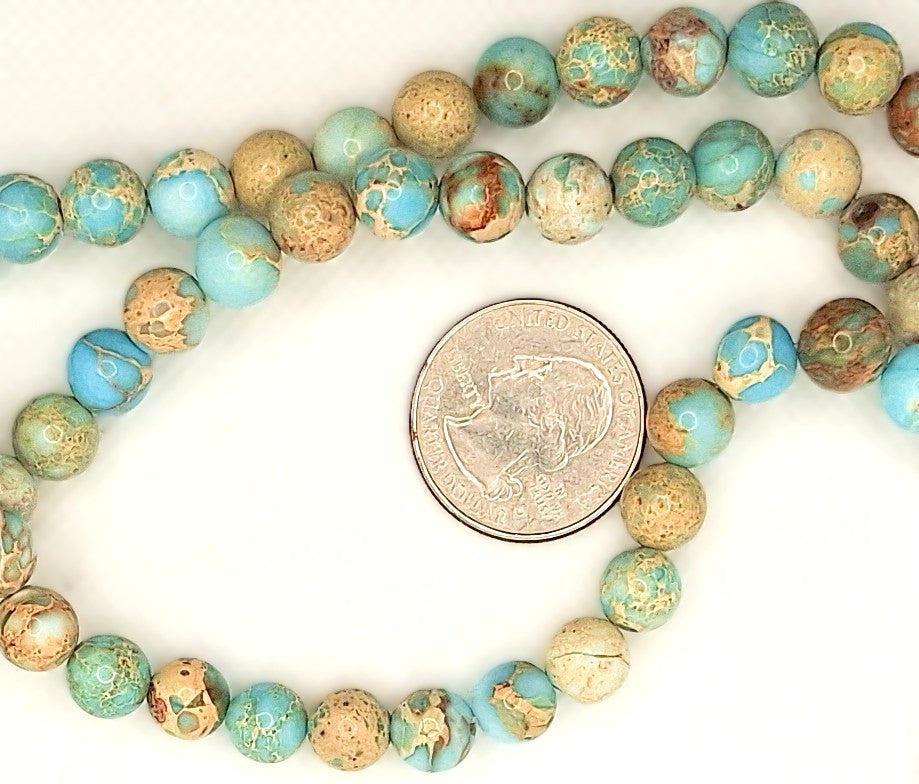 8mm Aqua Terra Turquoise Blue Tan Round Gemstone Beads 8-inch Strand