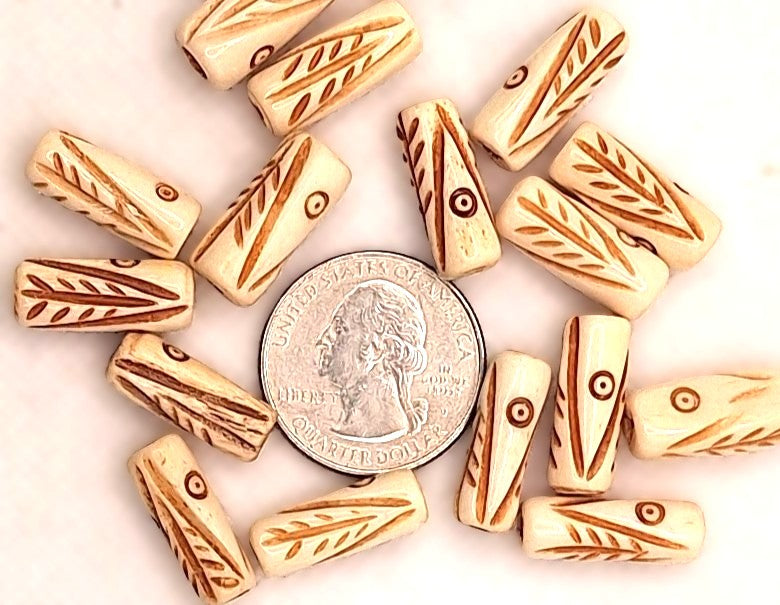 Leaves and Lines Antiqued .75-inch Hand-Carved Bone Tube Beads 5ct