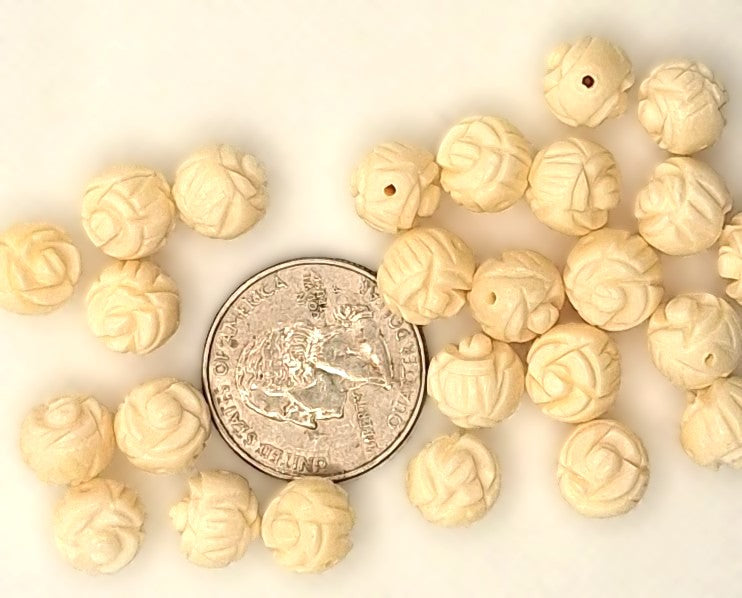 10mm Rose Carved Bone Round Beads 2ct