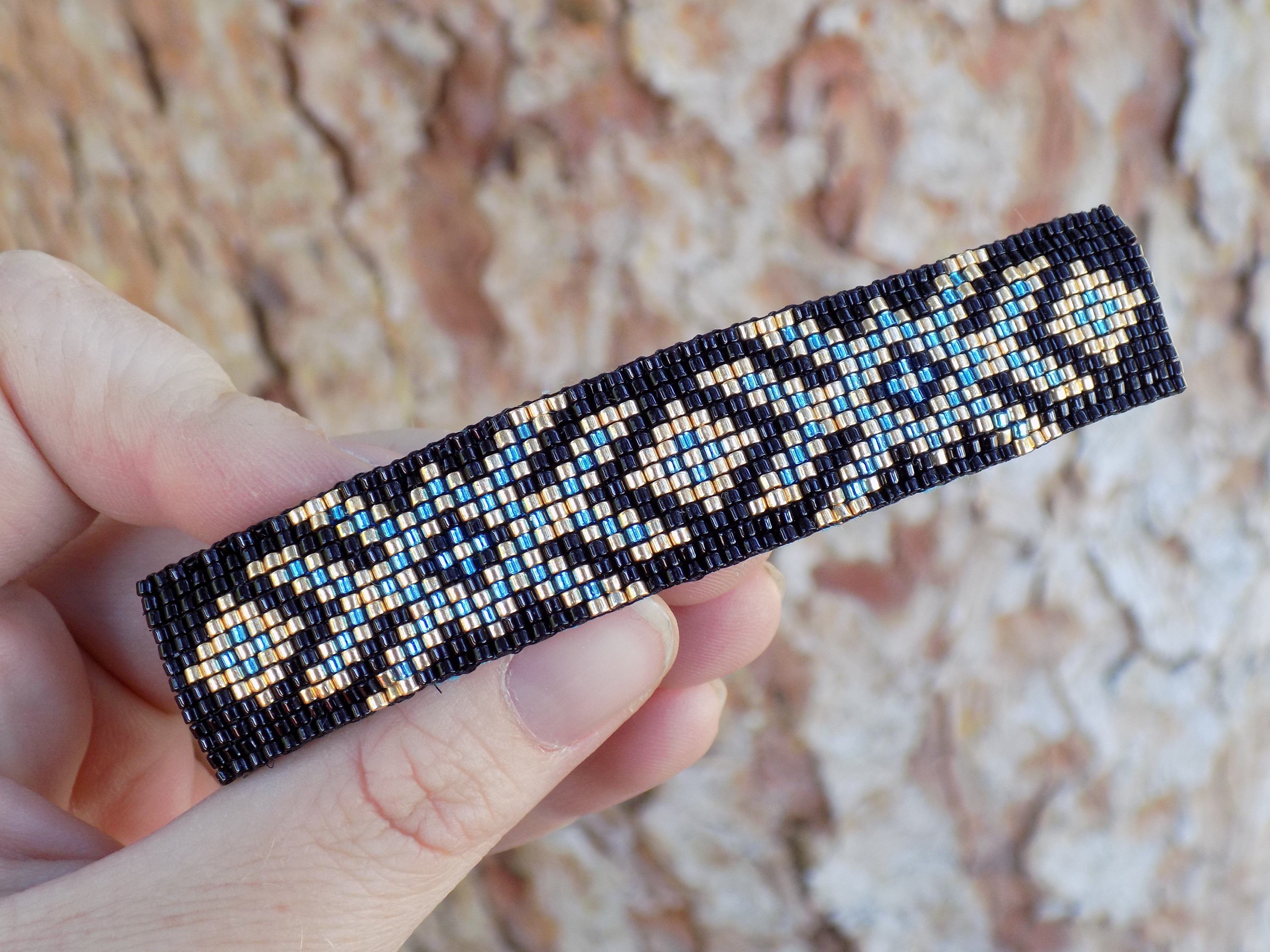Geometric Tribal Beaded Large Barrette Black Gold and Blue Loom Beading with Authentic French Clip Hair Barrette