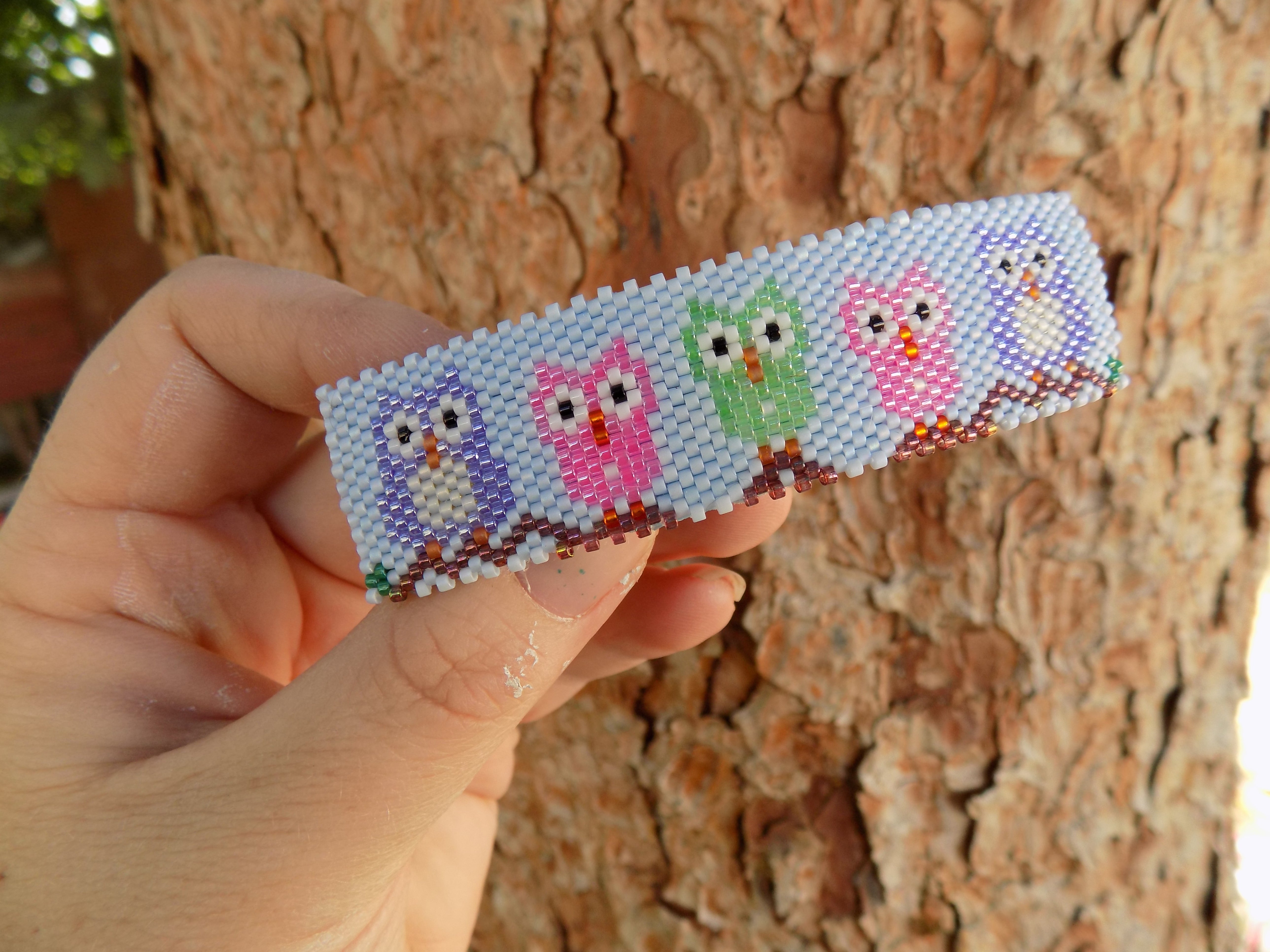 Cute Whimsical Owl Peyote Large Beaded Barrette in Purple Green and Pink on Blue