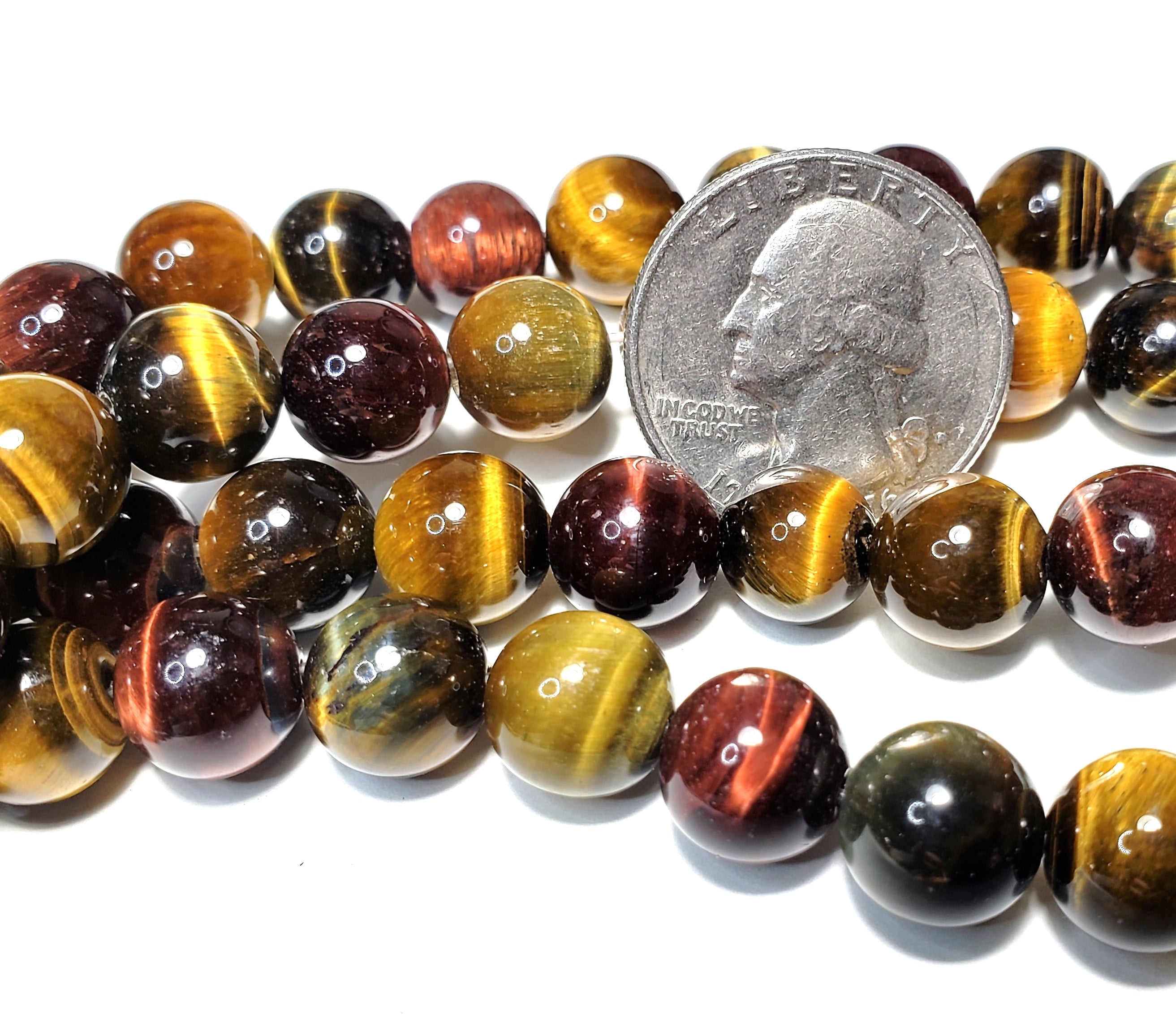 10mm Tiger's Eye Yellow Blue Red Round Gemstone Beads 8-Inch Strand