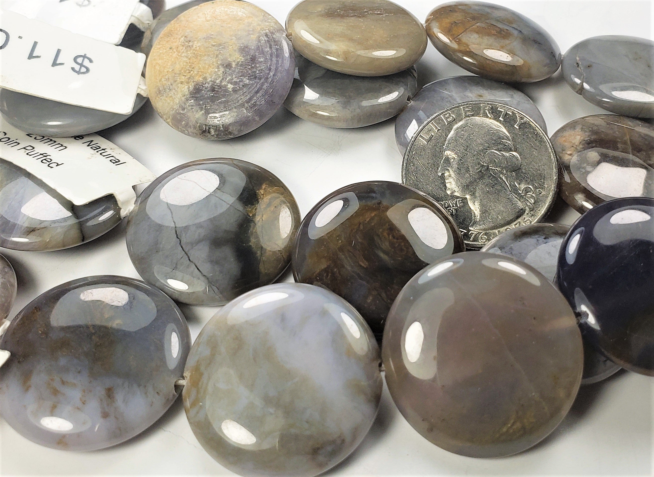 25mm Purple Agate Puffed Coin Gemstone Beads 8-inch Strand