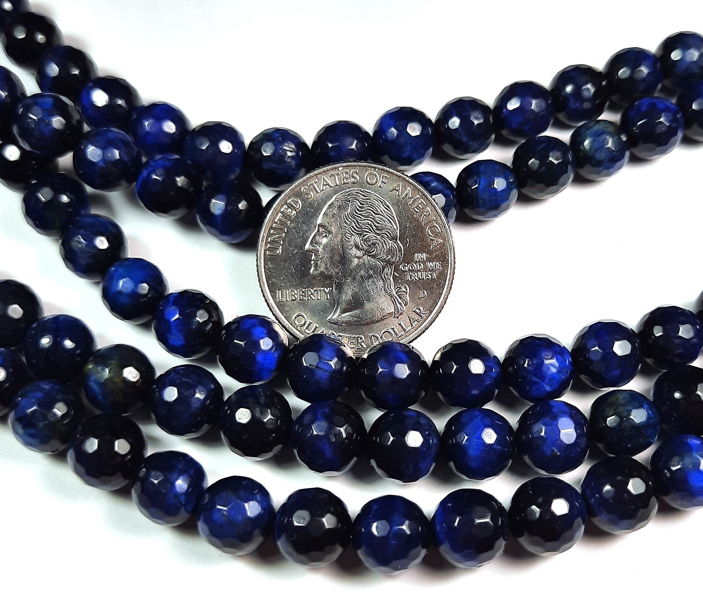 8mm Tiger's Eye Dyed Dark Blue Faceted Round Gemstone Beads 8-Inch Strand