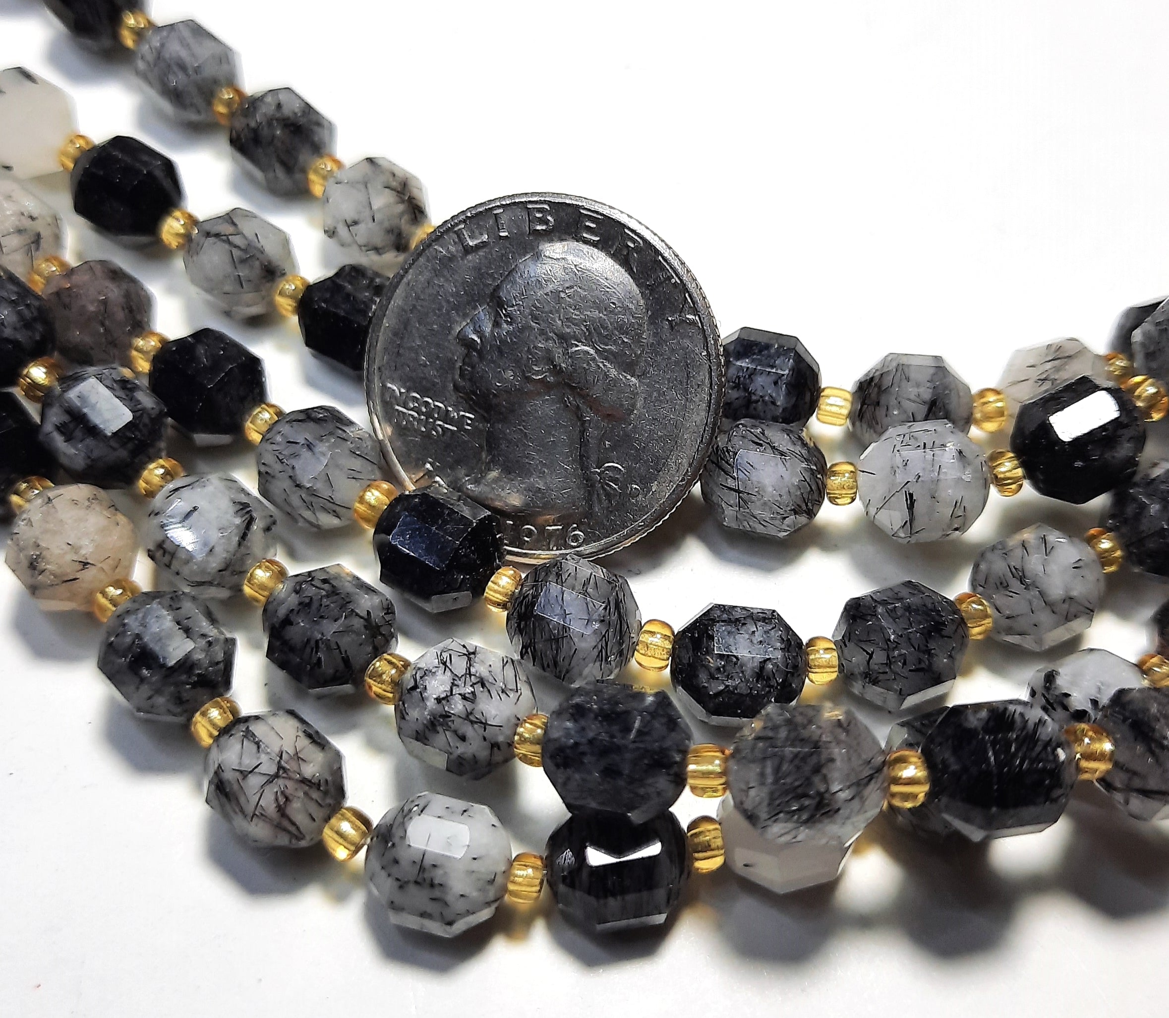 8mm Black Tourmlinated Quartz Faceted Lantern Gemstone Beads 8-Inch Strand
