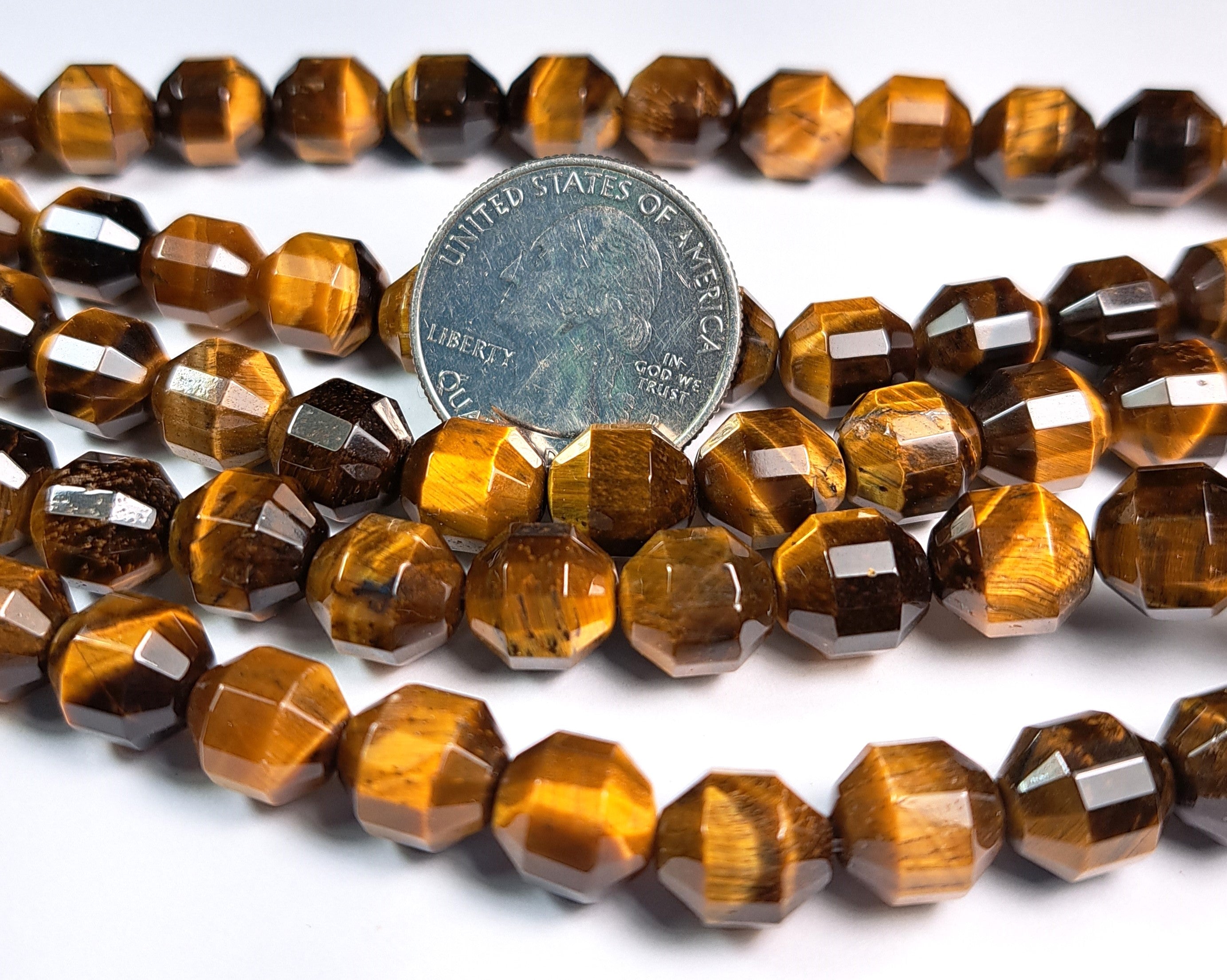 10mm Tiger's Eye Faceted Lantern Gemstone Beads 8-Inch Strand