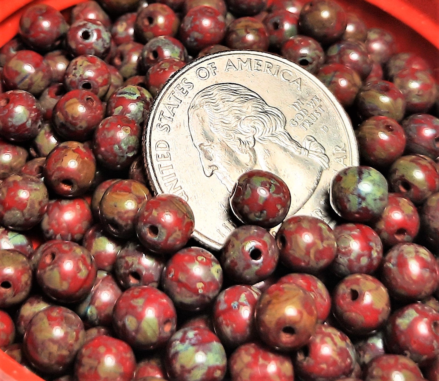 6mm Red/Olive Marble Picasso Czech Glass Beads 30ct