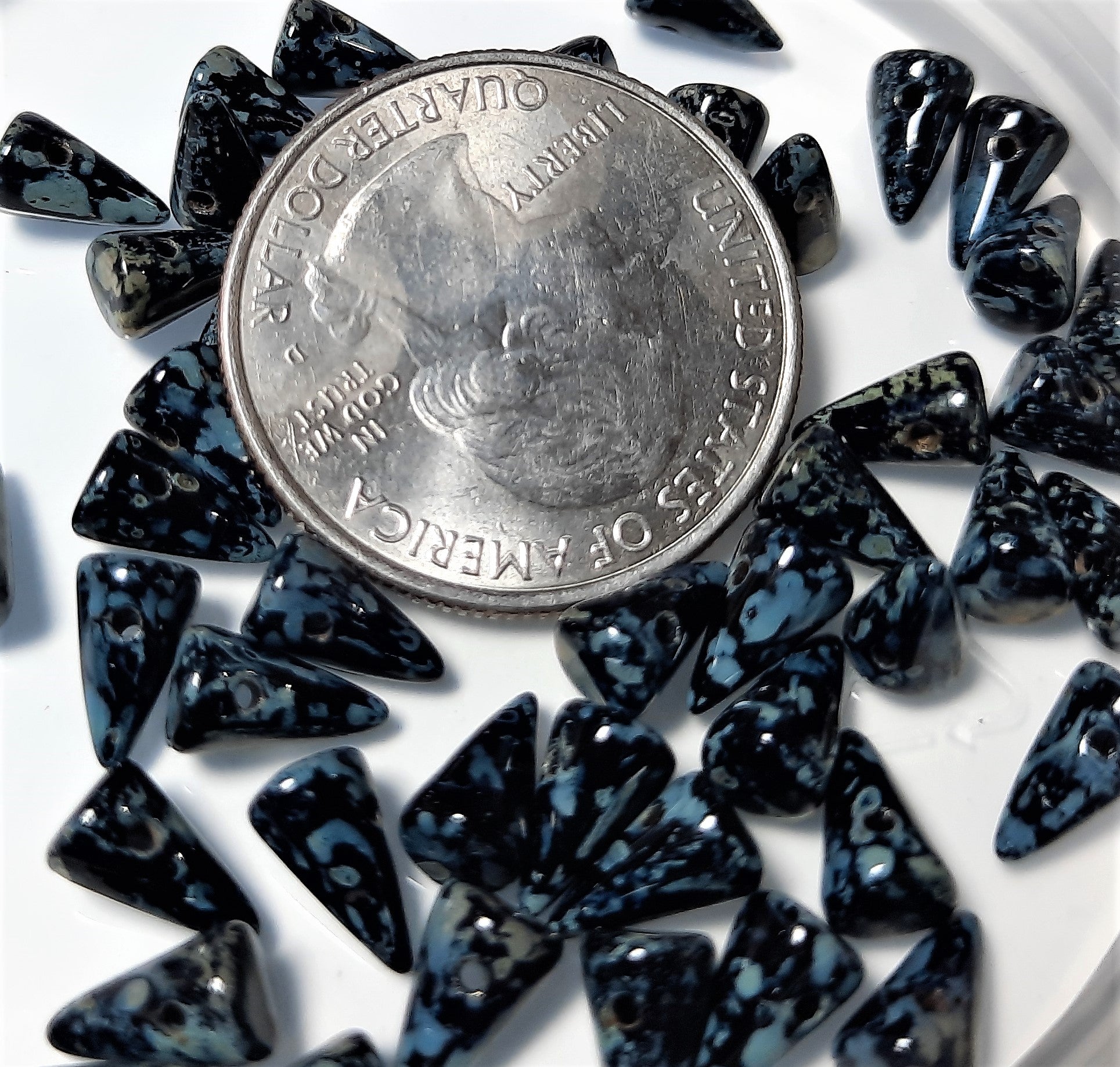 4x7mm-5x8mm Black Silver Picasso Czech Handmade Glass Baby Spikes 12ct