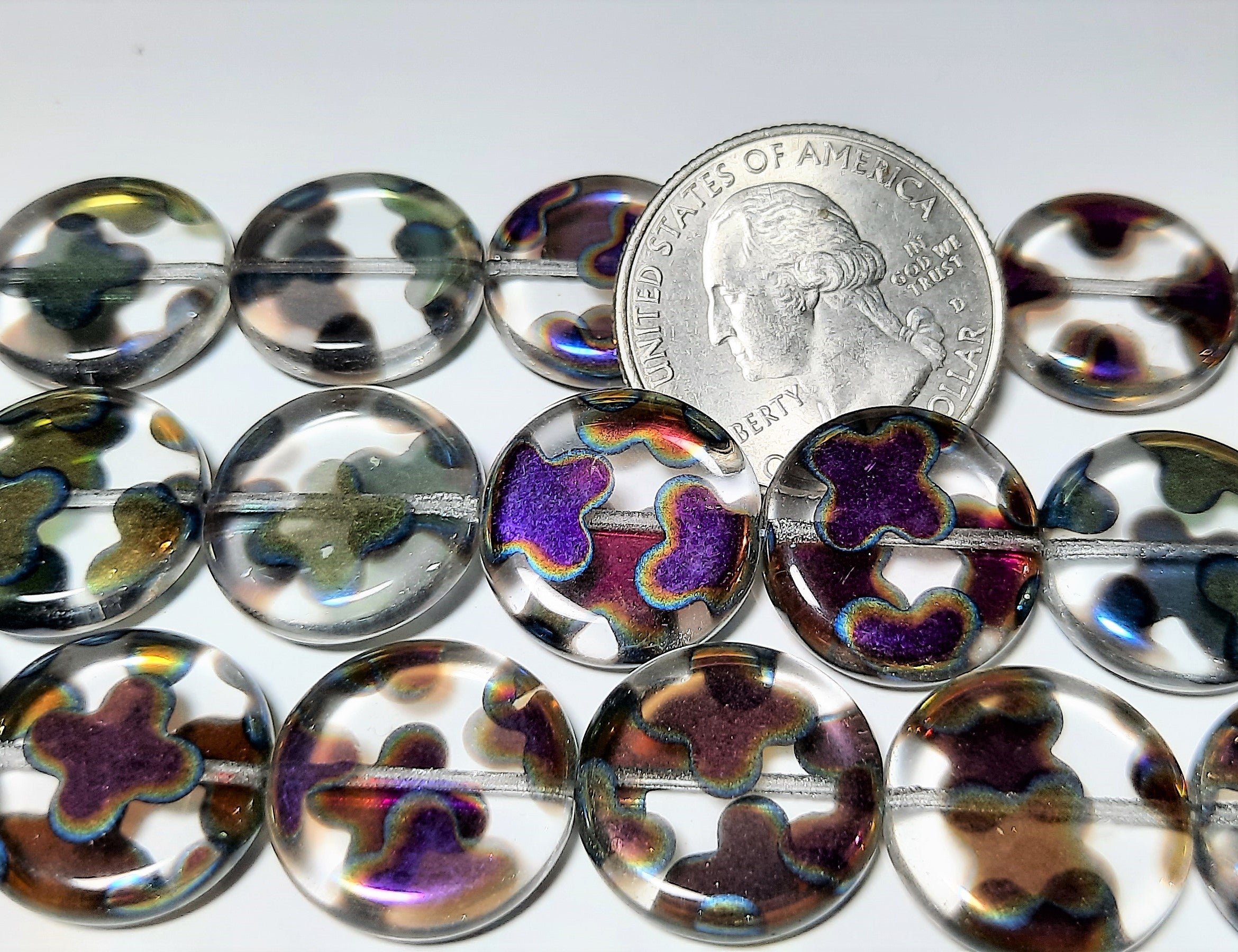 Metallic Laser Etched Clear Coin-Shaped Czech Glass Beads 7-inch Strand