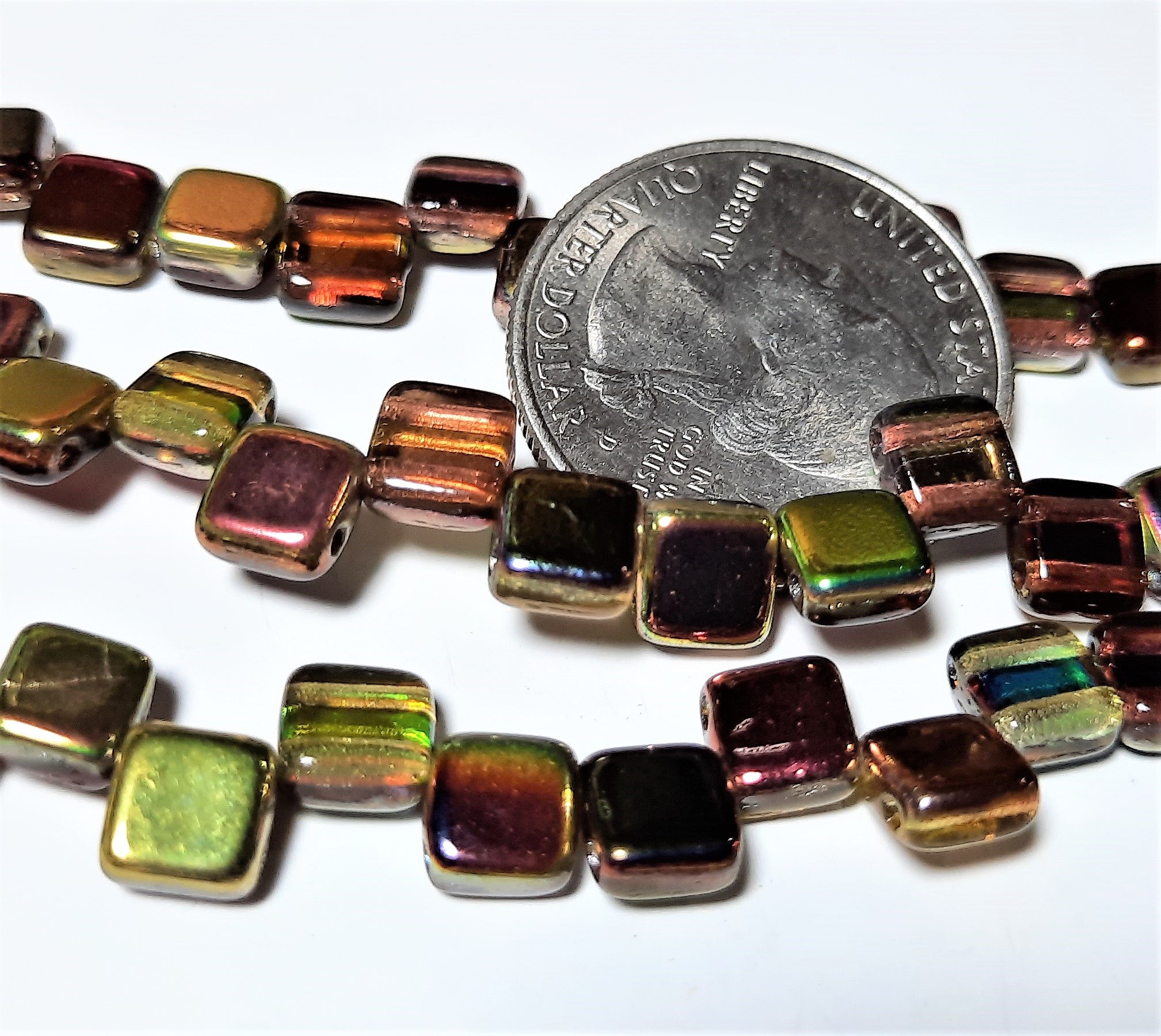 6mm Magic Yellow Brown 2-Hole Czech Glass Tile 7-Inch Strand