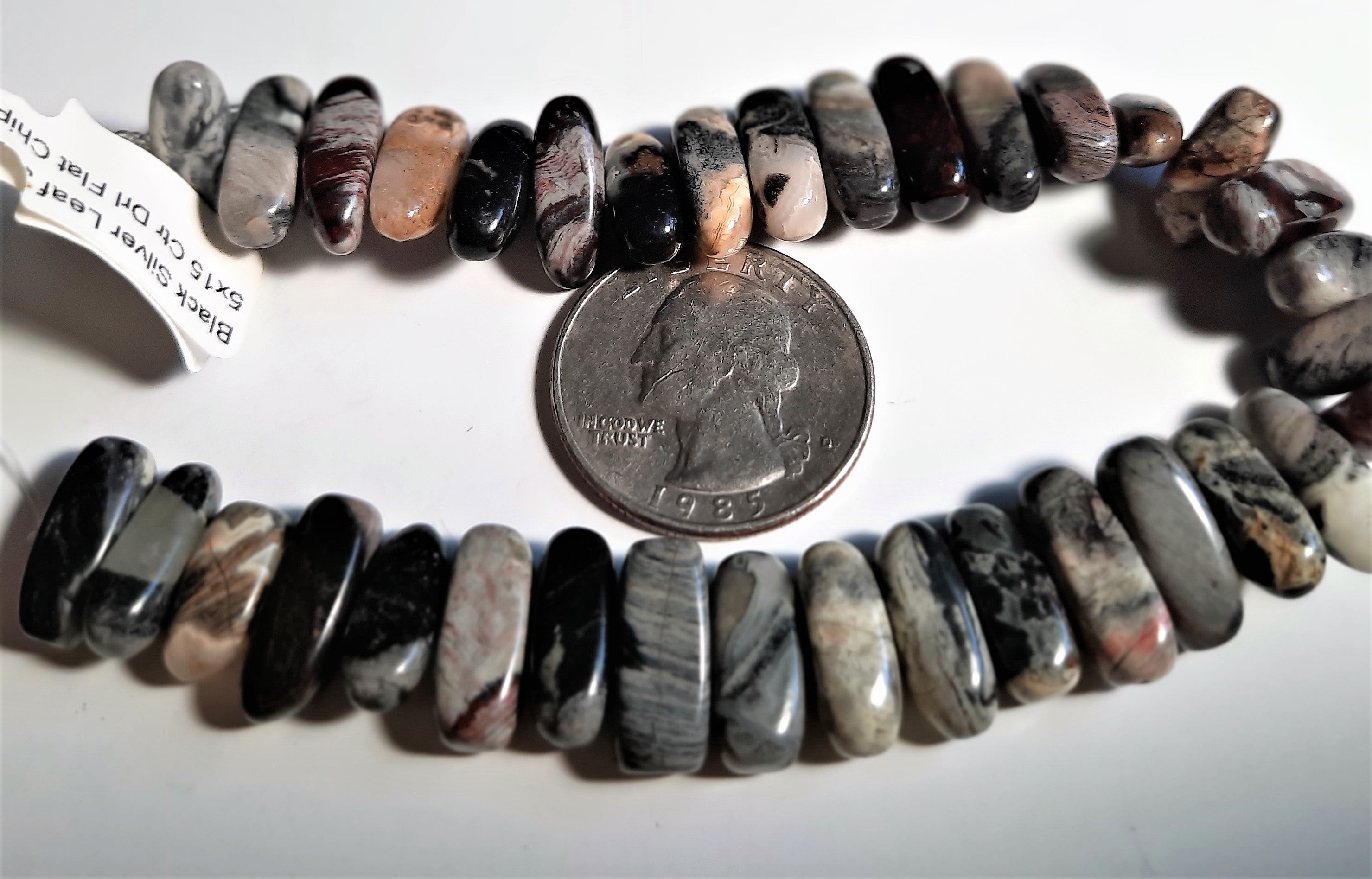 Black Silver Leaf Jasper 5x15 Center Drill Flat Chip Dakota Stones 20ct