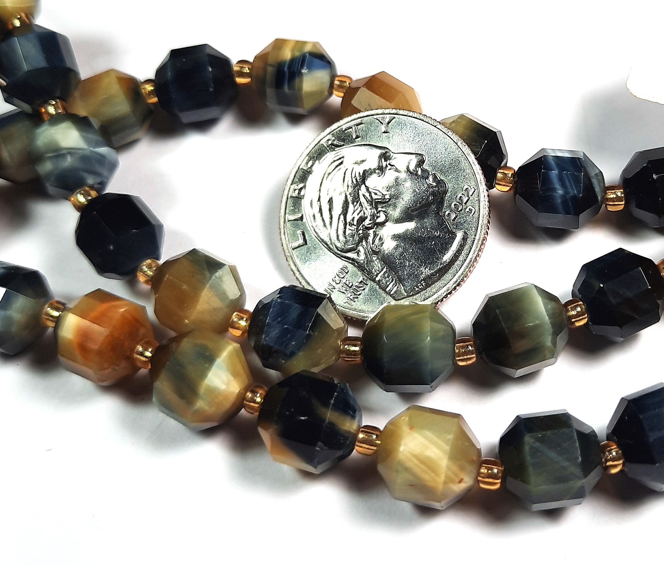 10mm Tiger's Eye Blue Gold Faceted Satellite Gemstone Beads 8-Inch Strand