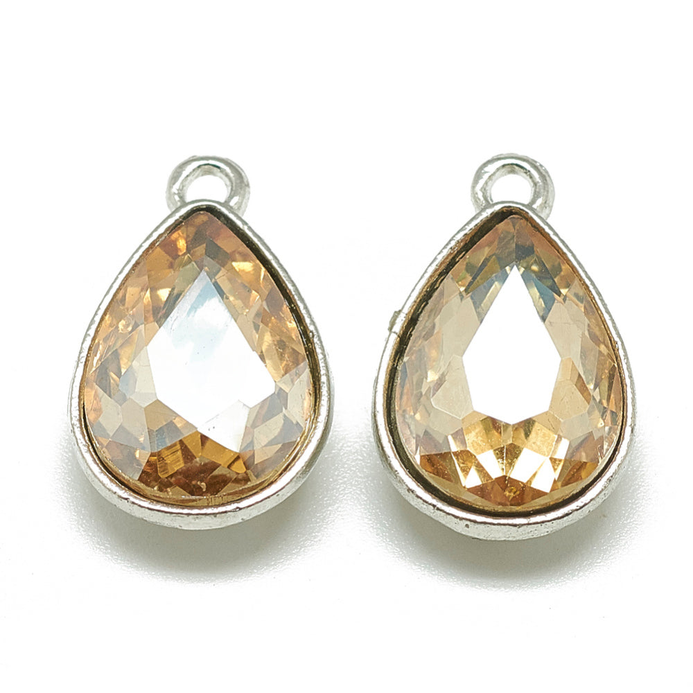 15x9mm Pale Goldenrod Faceted Teardrop Glass Rhinestone Charm Platinum Tone 5ct