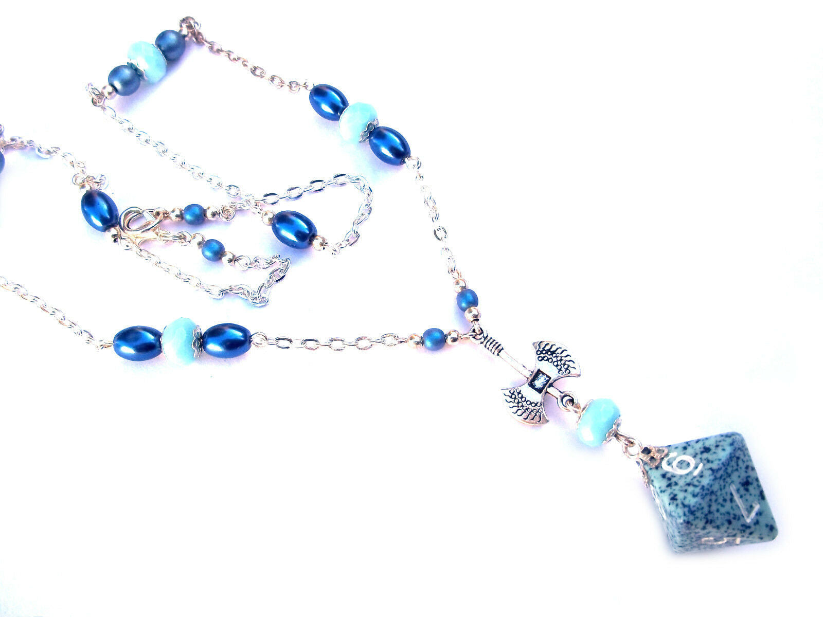 Aqua and Blue Pearl Dwarven Hammer D&D RPG Dice Necklace D8 Geek Fantasy Jewelry