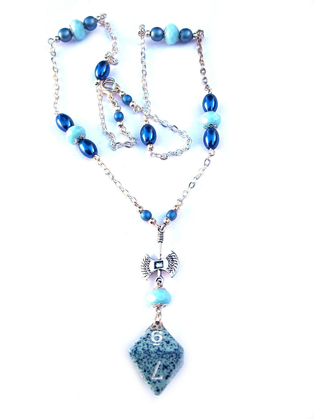 Aqua and Blue Pearl Dwarven Hammer D&D RPG Dice Necklace D8 Geek Fantasy Jewelry