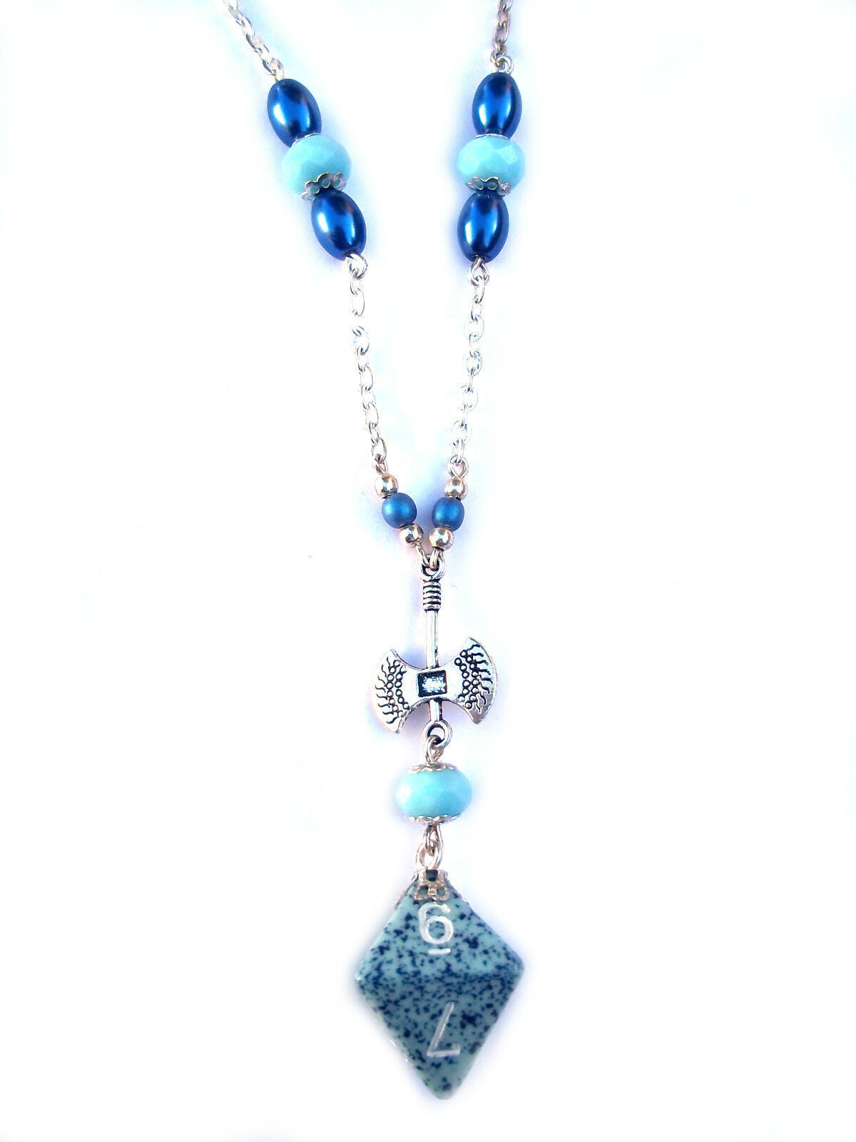 Aqua and Blue Pearl Dwarven Hammer D&D RPG Dice Necklace D8 Geek Fantasy Jewelry