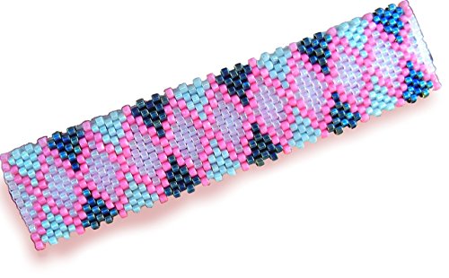 Argyle Plaid Pink and Grey Peyote Handmade Large Beaded Barrette with Authentic French Clip