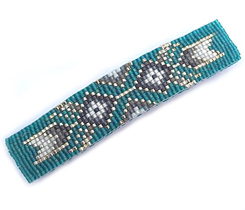 Grey, Silver and Teal Tribal Arrows Geometric Loom Beaded Large Barrette Handmade