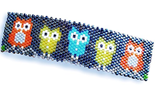 Bright Gamer Owls Cute Handcrafted Beaded Large Barrette in Yellow, Orange and Turquoise with Authentic French Clip