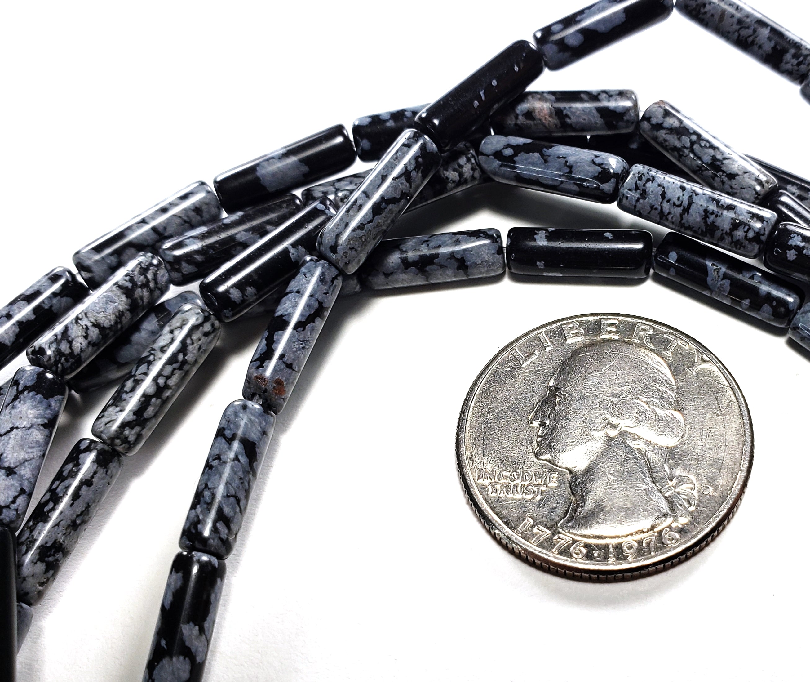 13x4mm Snowflake Obsidian Black Tube Gemstone Beads 8-Inch Strand