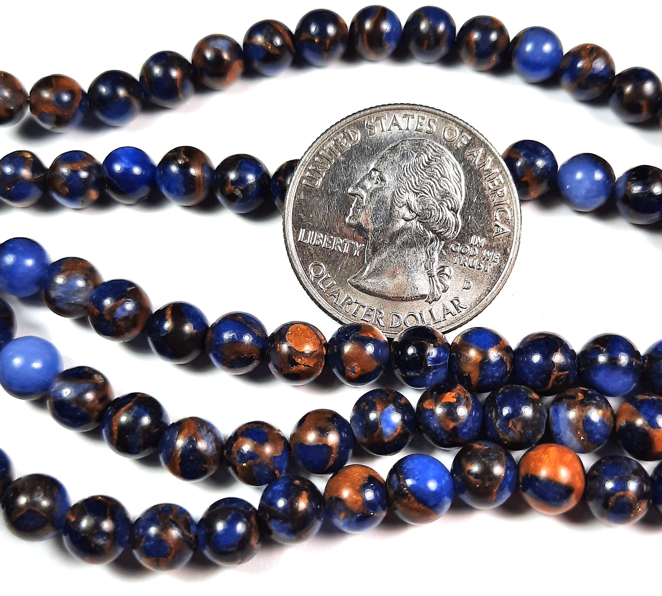 6mm Gold Dark Blue Rainbow Stone Round Gemstone Beads 8-Inch Strand