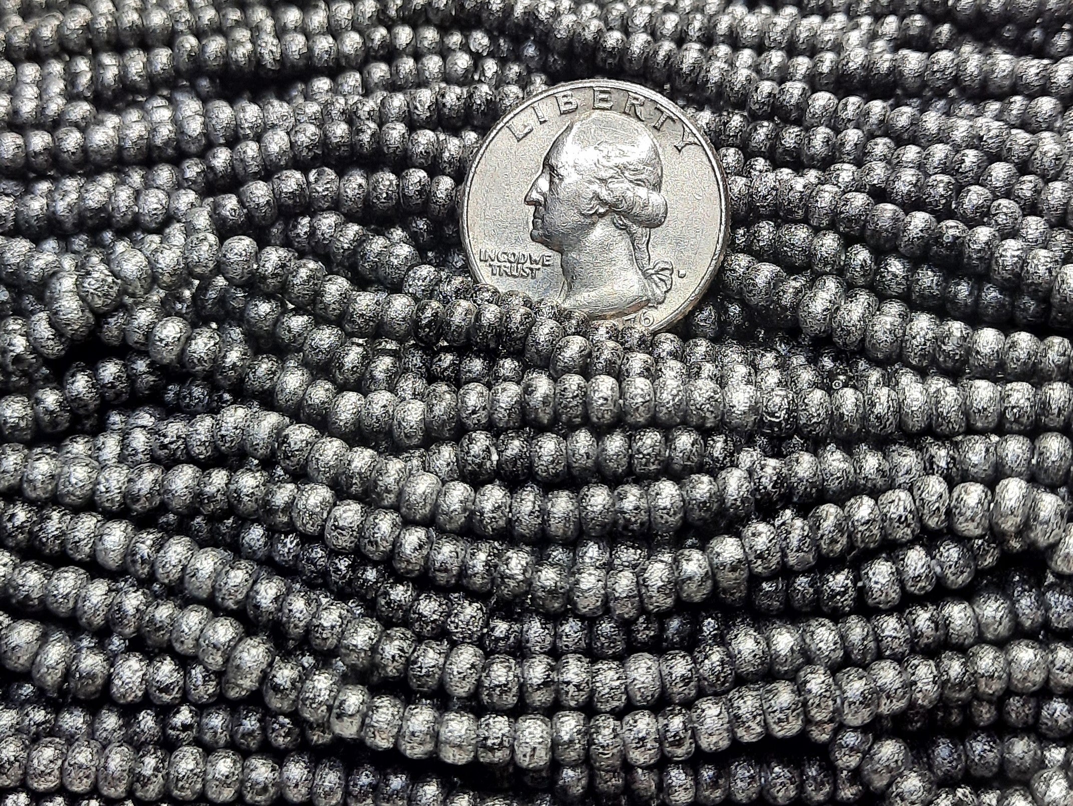 6/0 Black with Etched Metallic Silver Dust Czech Seed Beads Two Strands