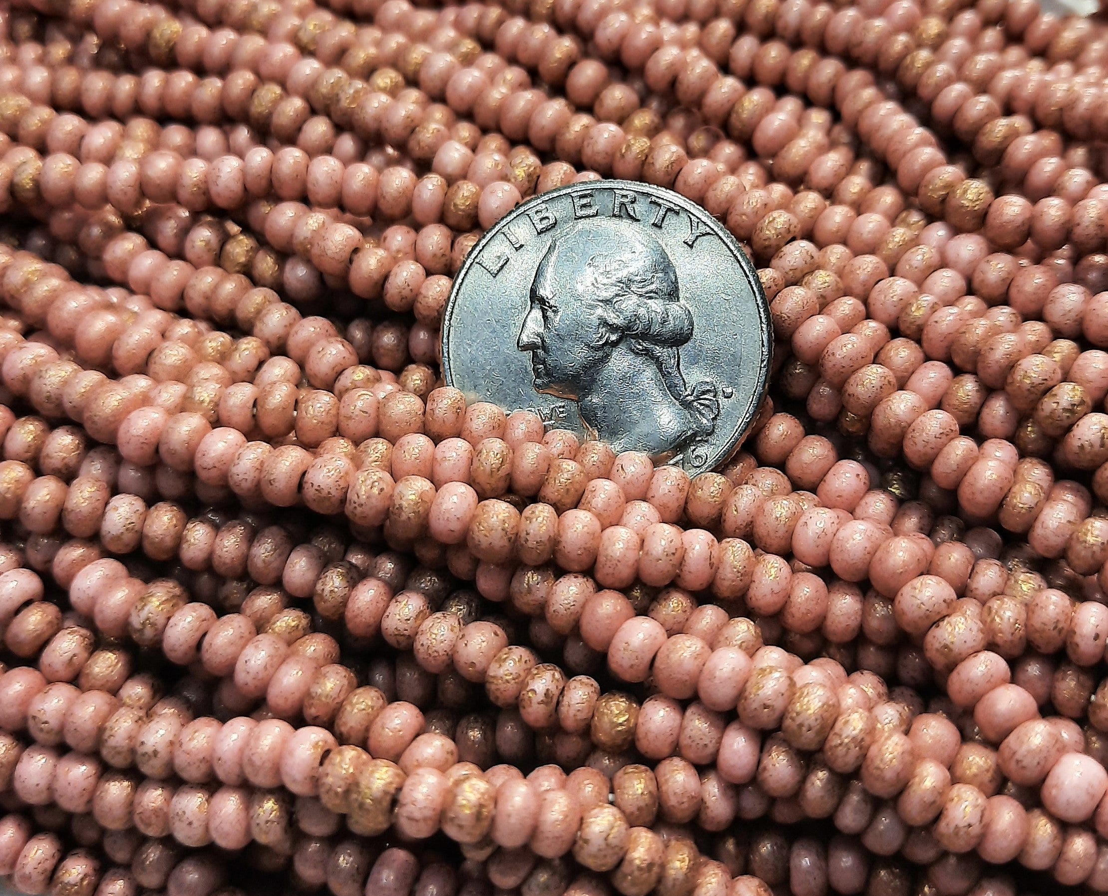 6/0 Coral Pink with Etched Metallic Gold Dust Czech Seed Beads Two Strands