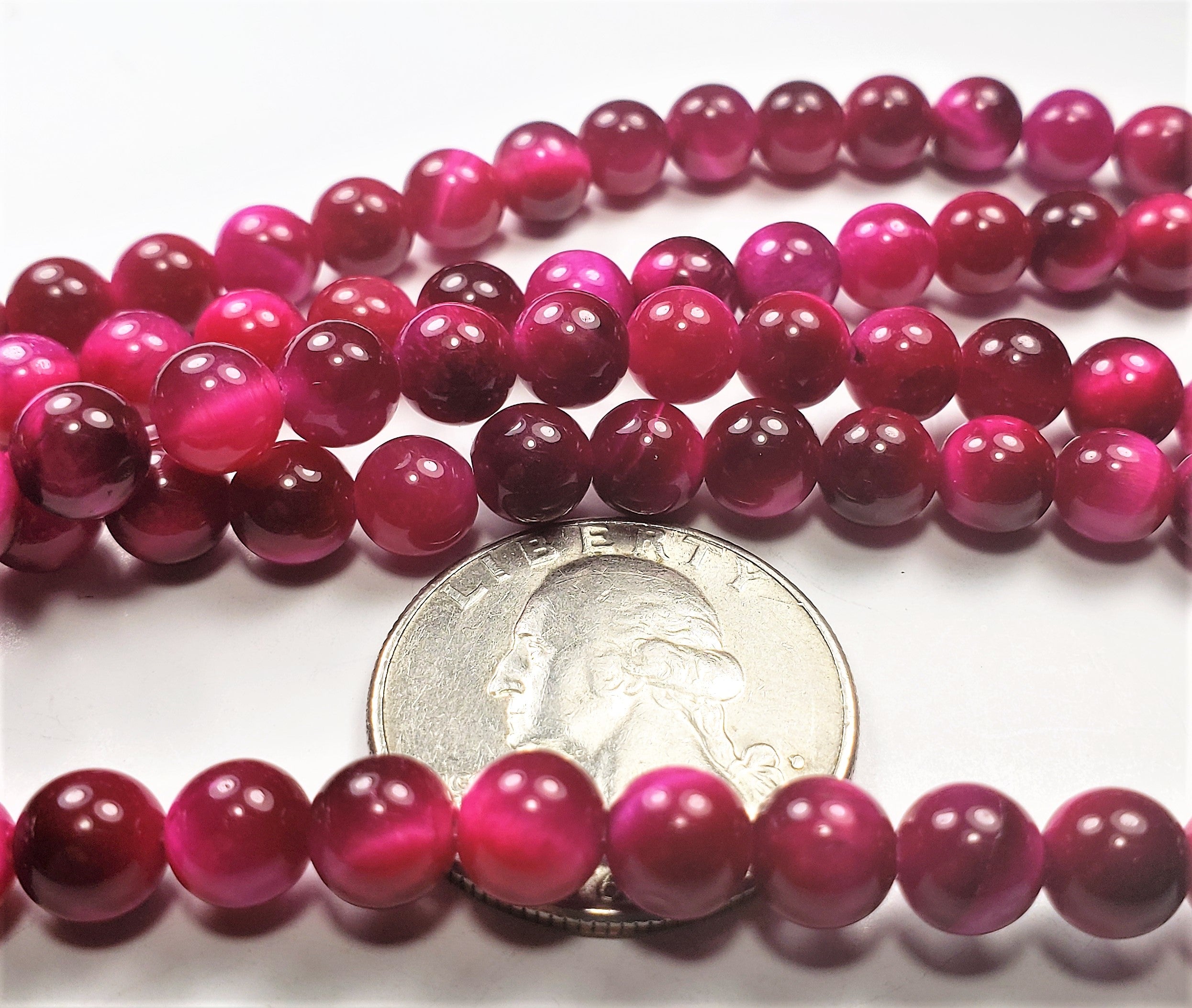 6mm Tiger's Eye Dyed Magenta Round Gemstone Beads 8-inch Strand