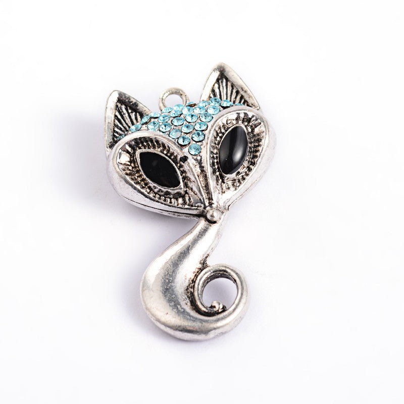 Fox Pendant with Aquamarine Glass Rhinestones in Antique Silver