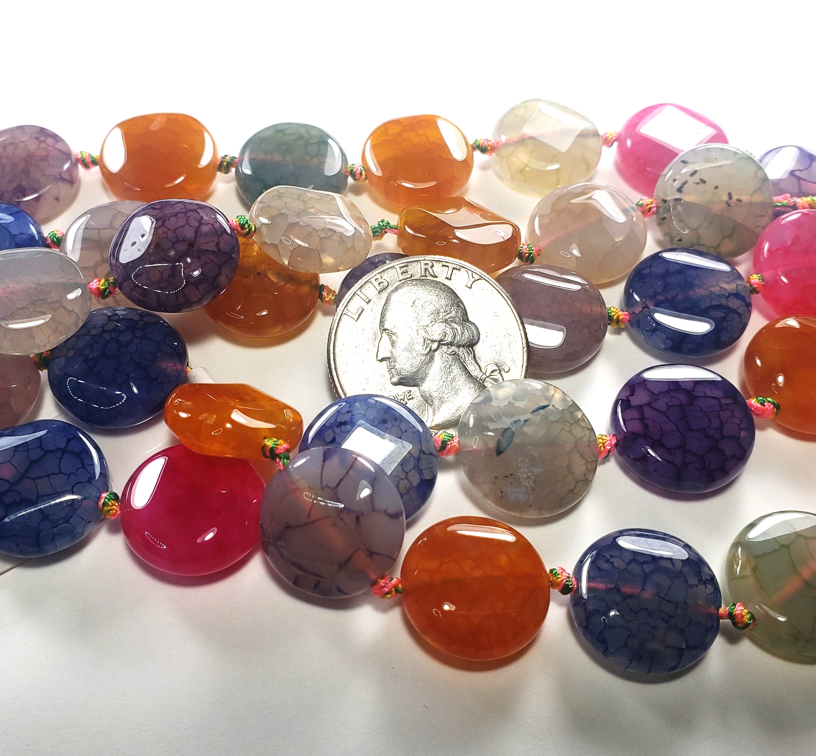12mm Dyed Rainbow Agate Puffed Coin Gemstone Beads 8-Inch Strand