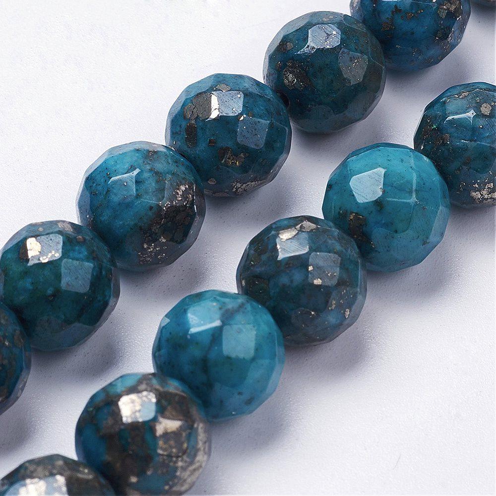 10mm Faceted Round Deep Sky Blue Dyed Pyrite Beads, 5ct