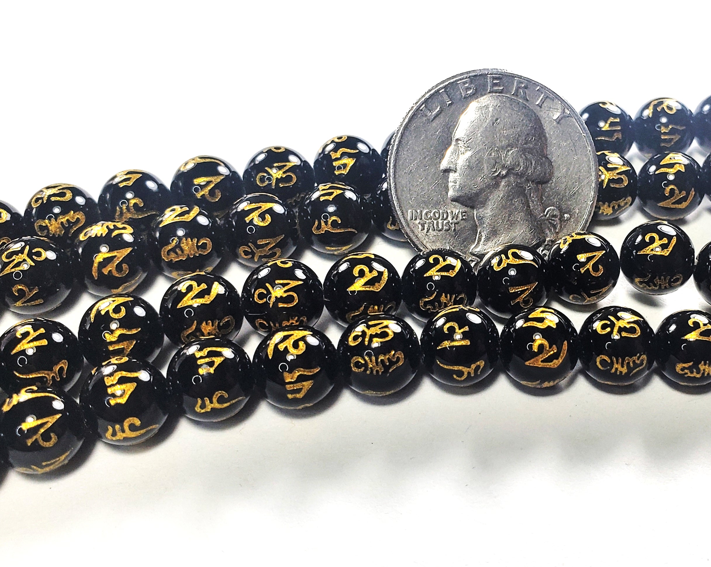 8mm Black Onyx Gold Etched Mantra Round Gemstone Beads 8-Inch Strand