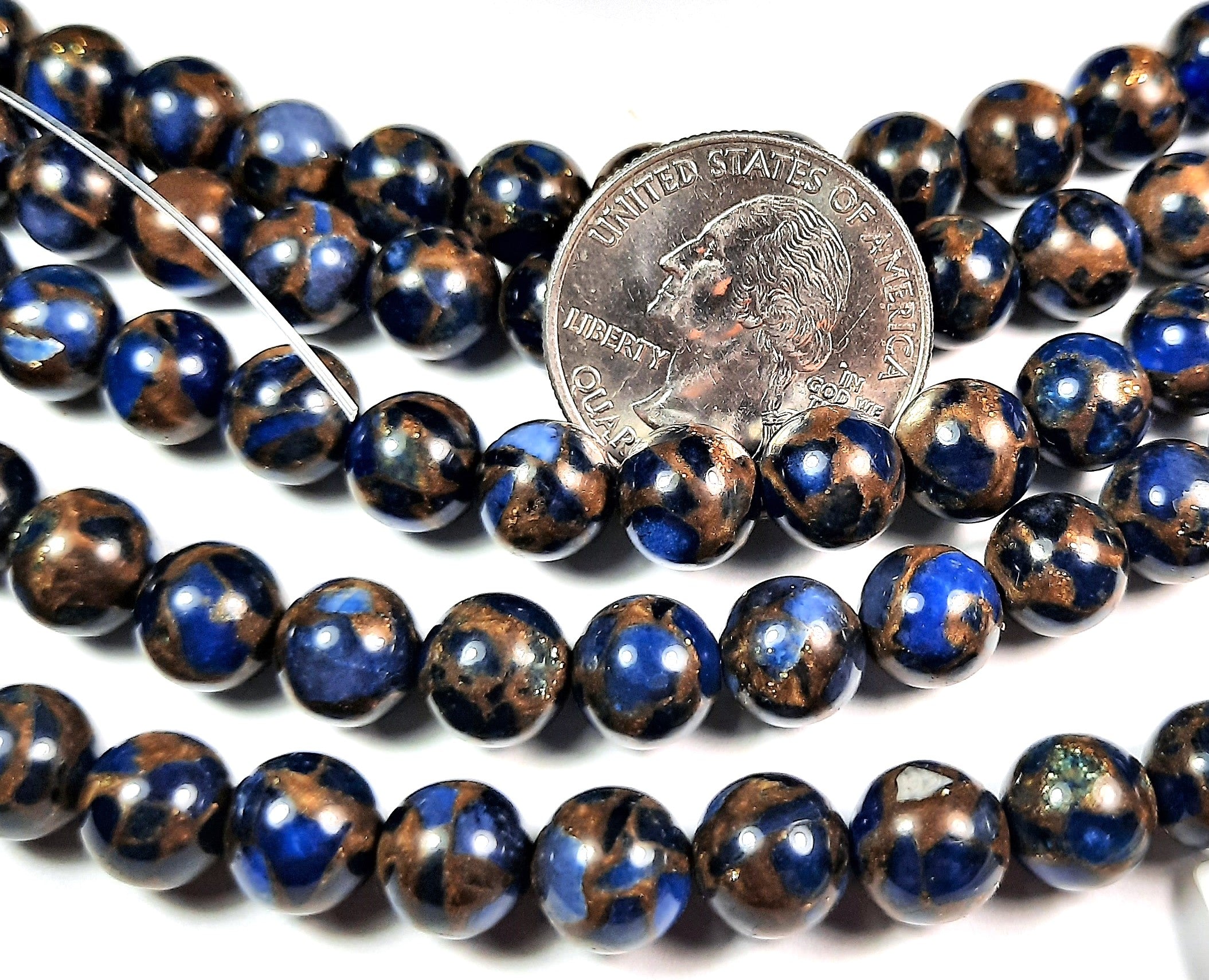 8mm Gold Dark Blue Rainbow Stone Round Gemstone Beads 8-Inch Strand