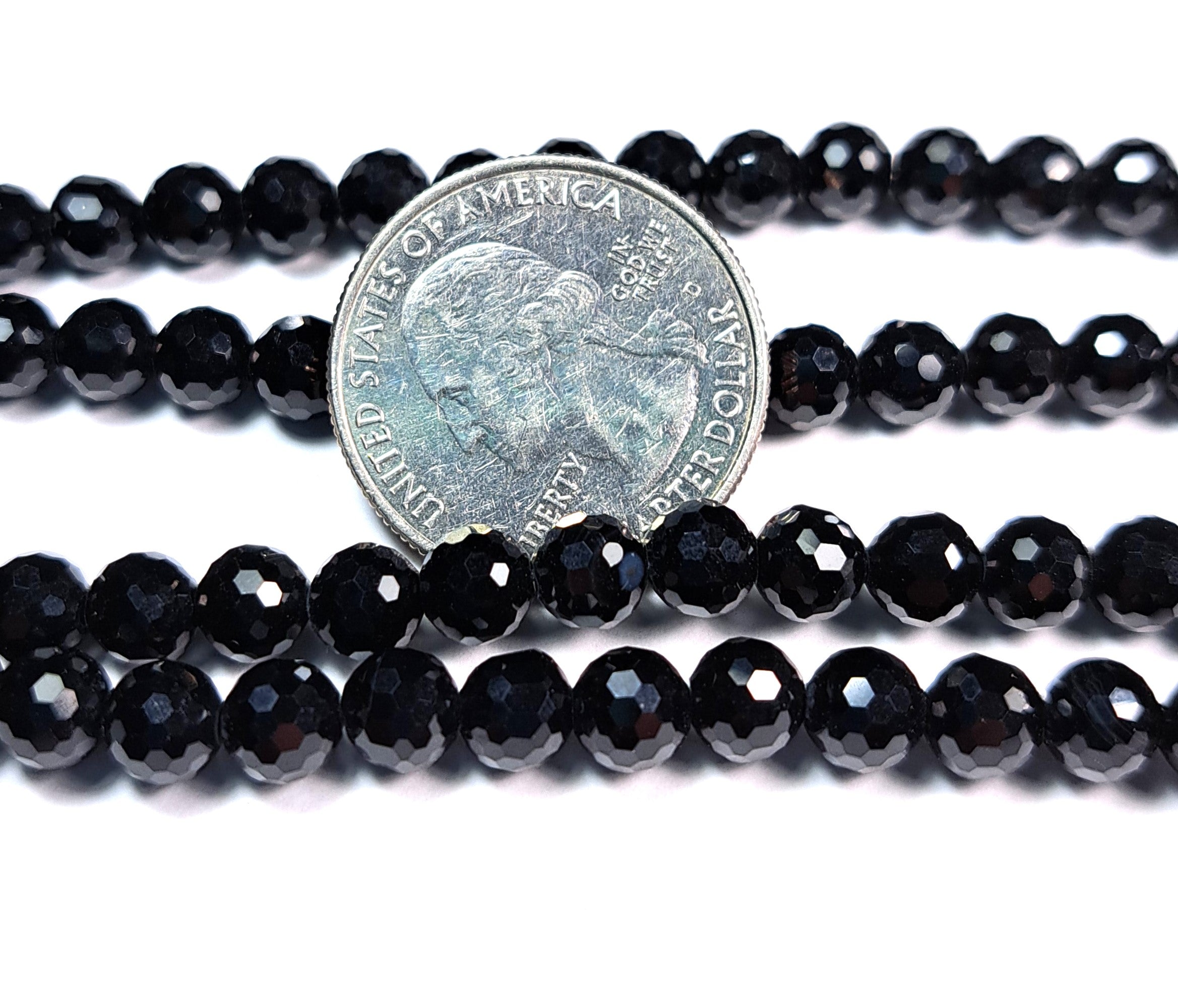 6mm Black Onyx Faceted Round Gemstone Beads 8-Inch Strand